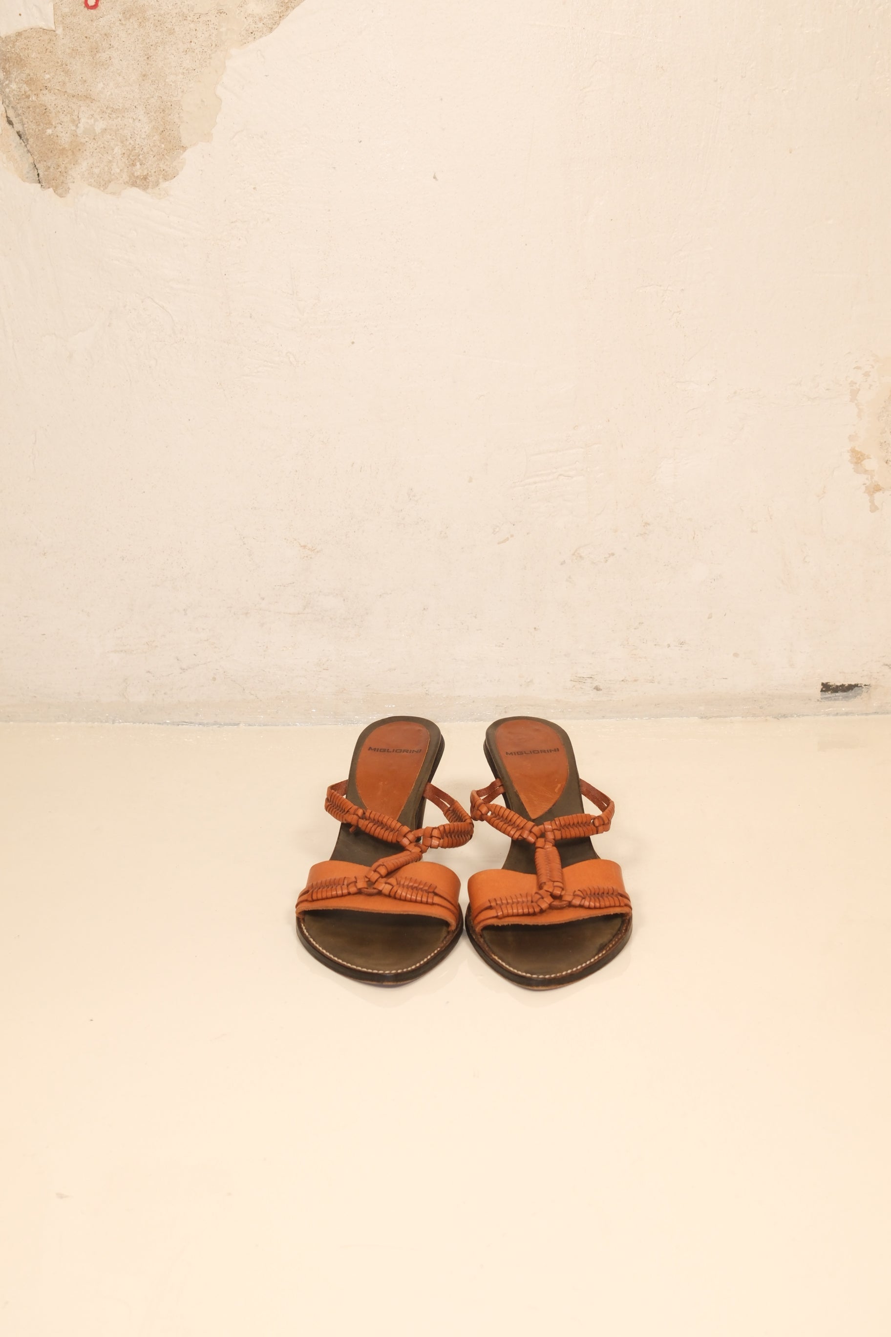 Migliorini honey brown vintage leather heeled sandals with woven straps