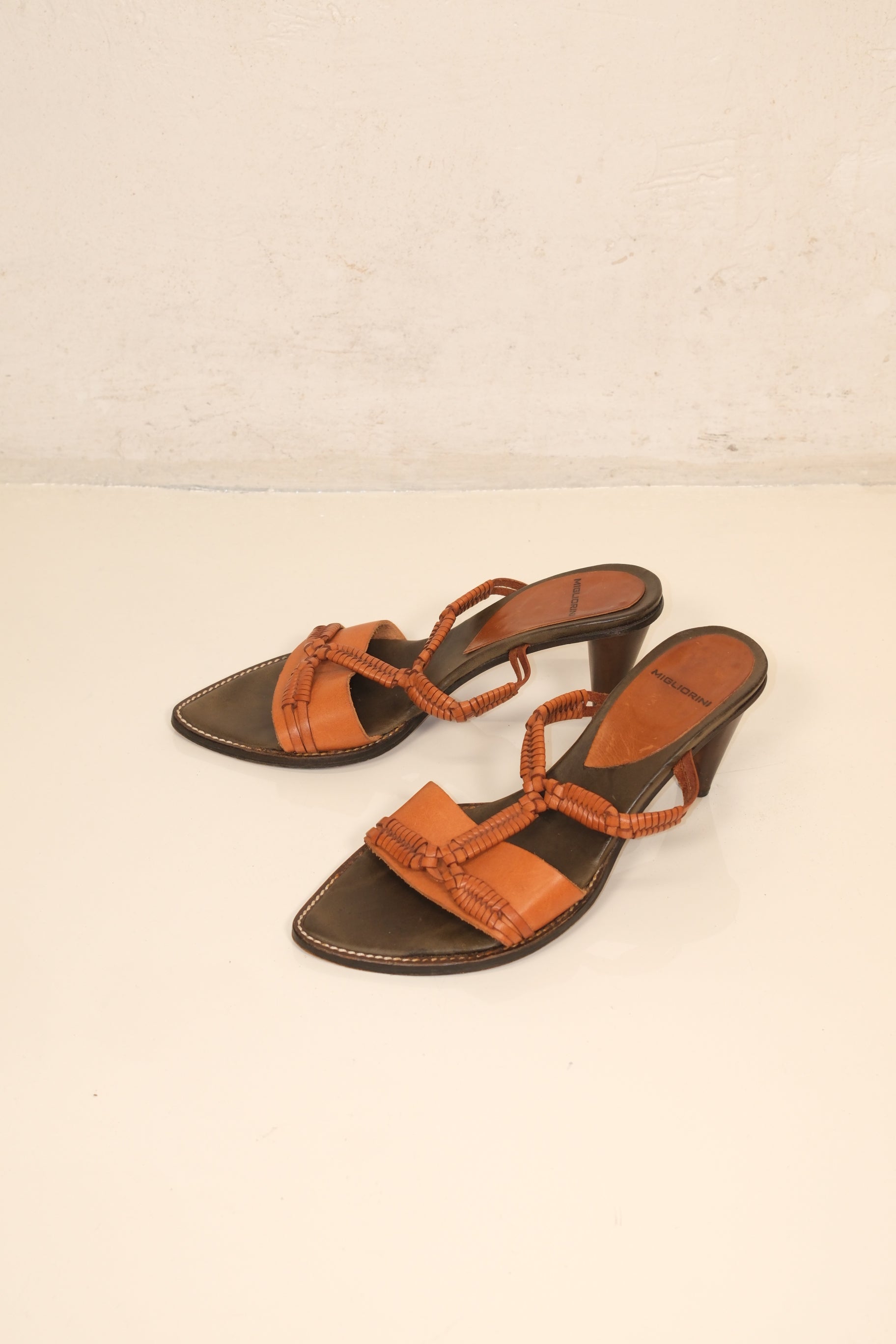 Migliorini honey brown vintage leather heeled sandals with woven straps