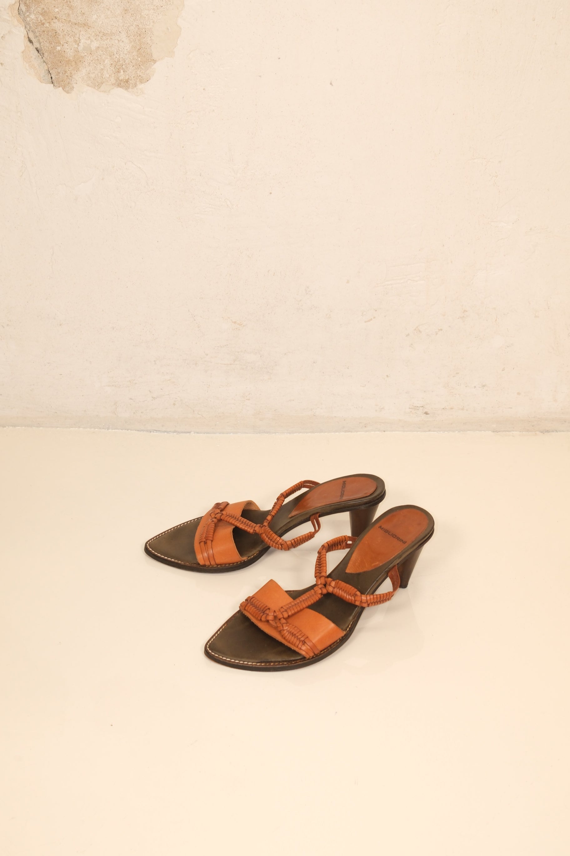 Migliorini honey brown vintage leather heeled sandals with woven straps