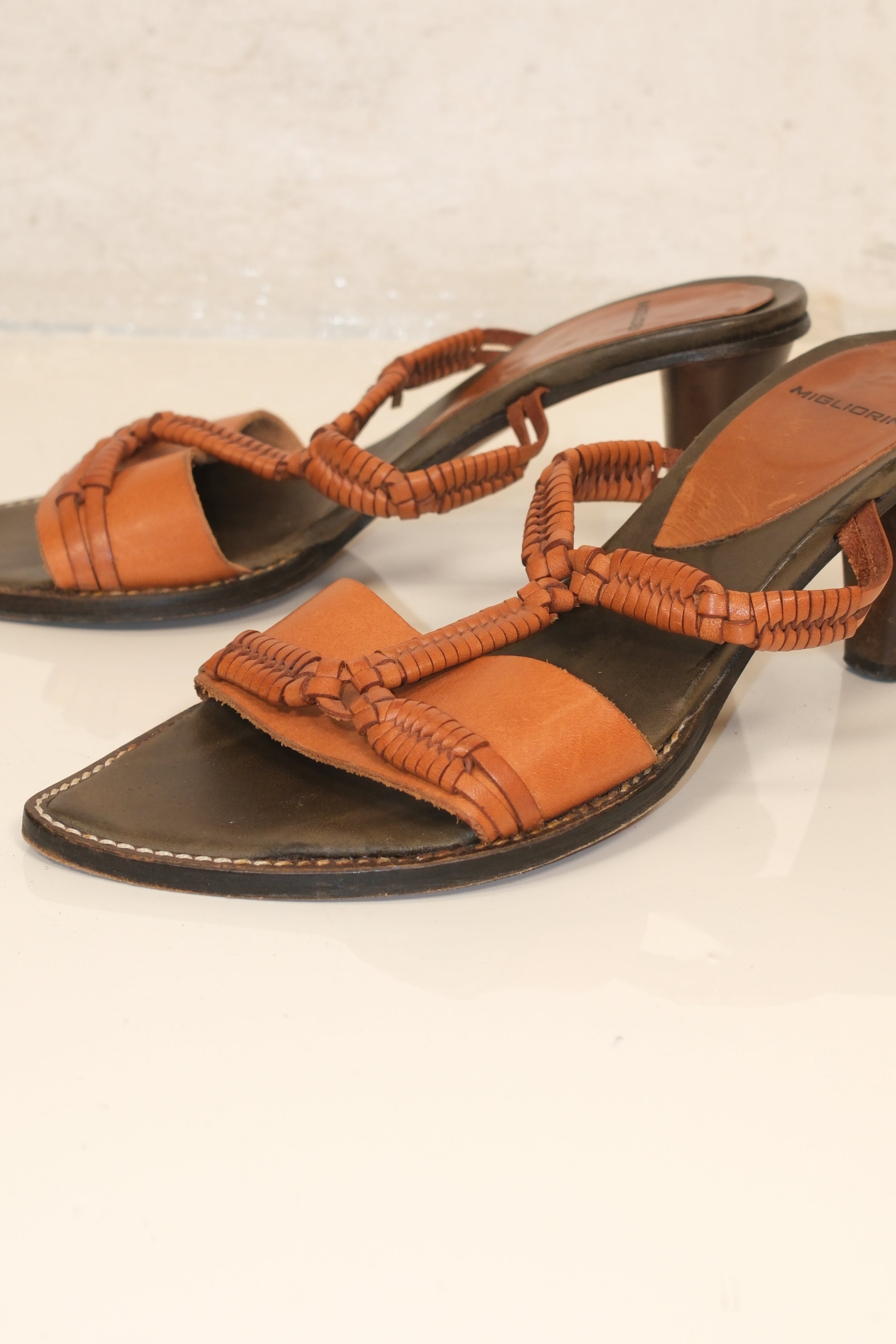 Migliorini honey brown vintage leather heeled sandals with woven straps
