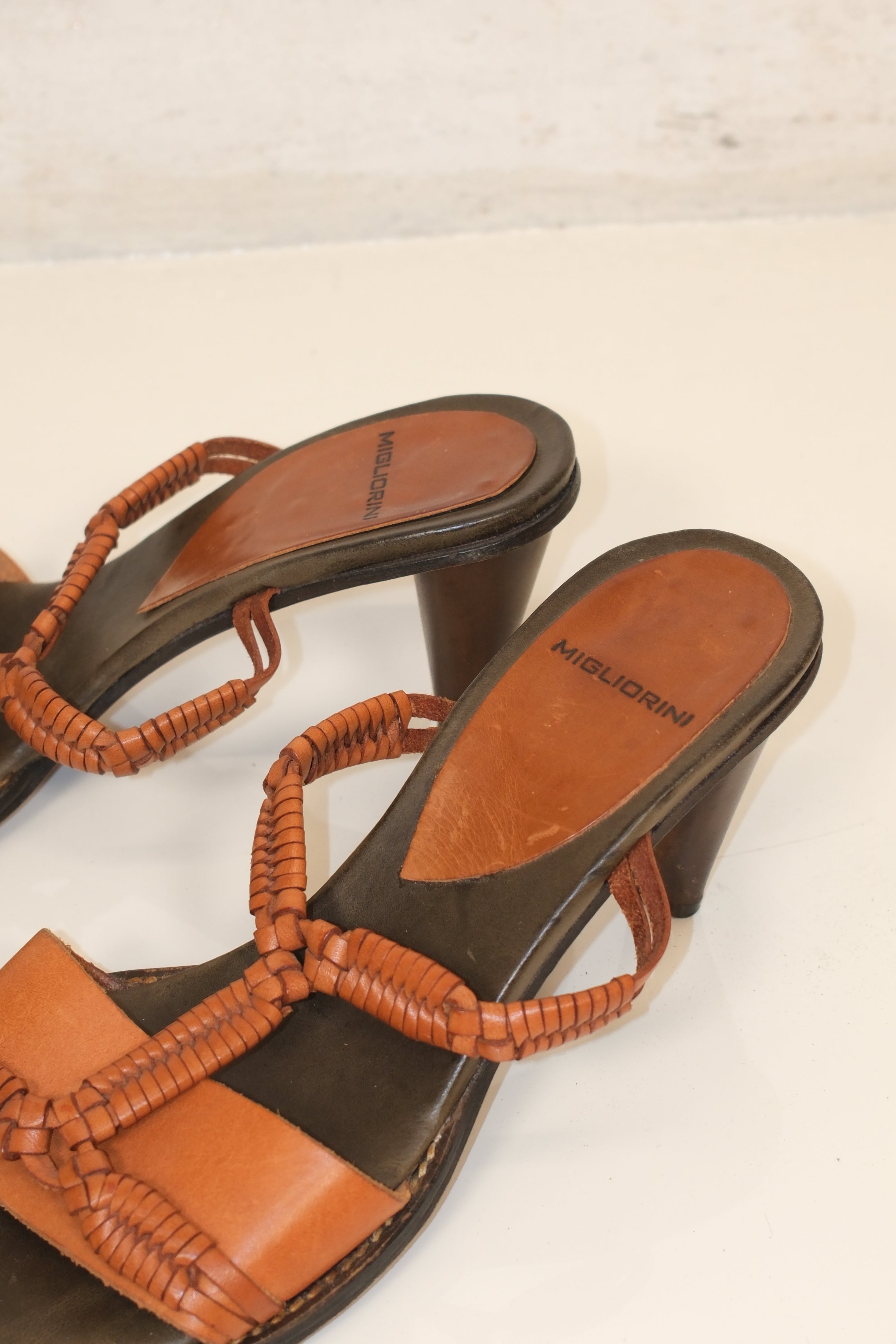 Migliorini honey brown vintage leather heeled sandals with woven straps