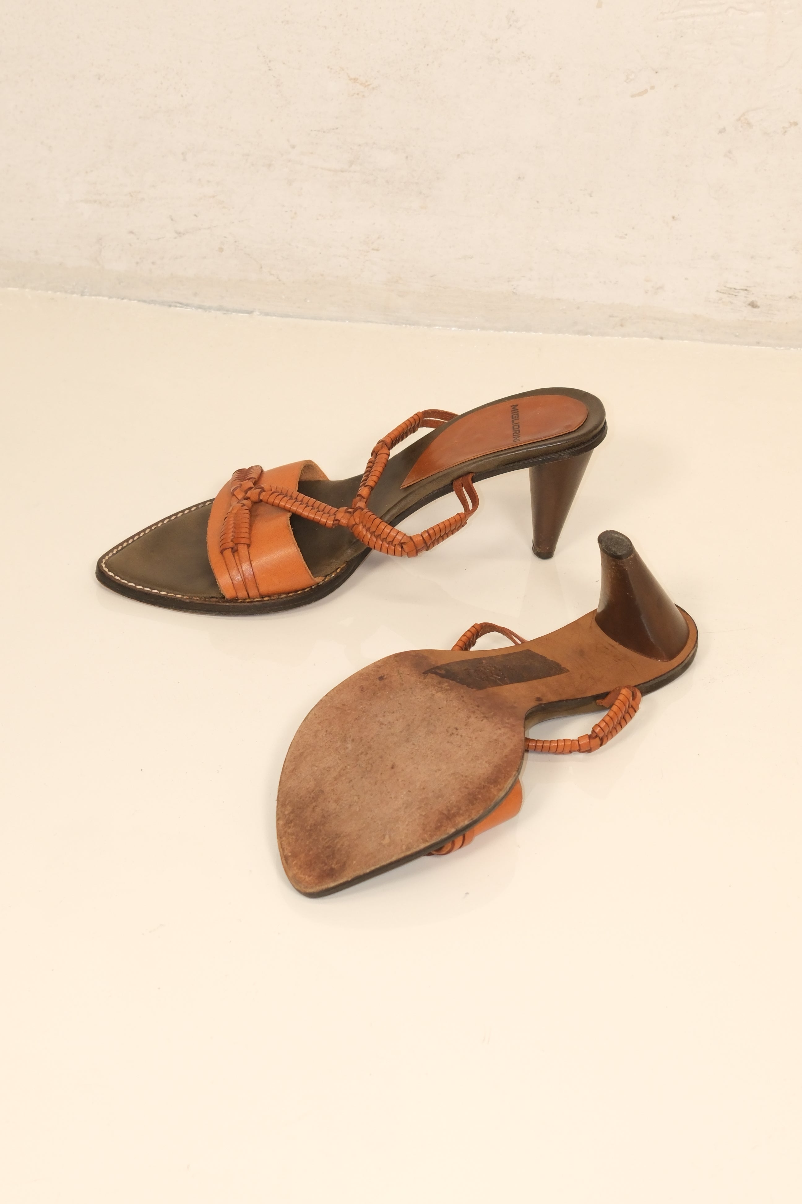 Migliorini honey brown vintage leather heeled sandals with woven straps