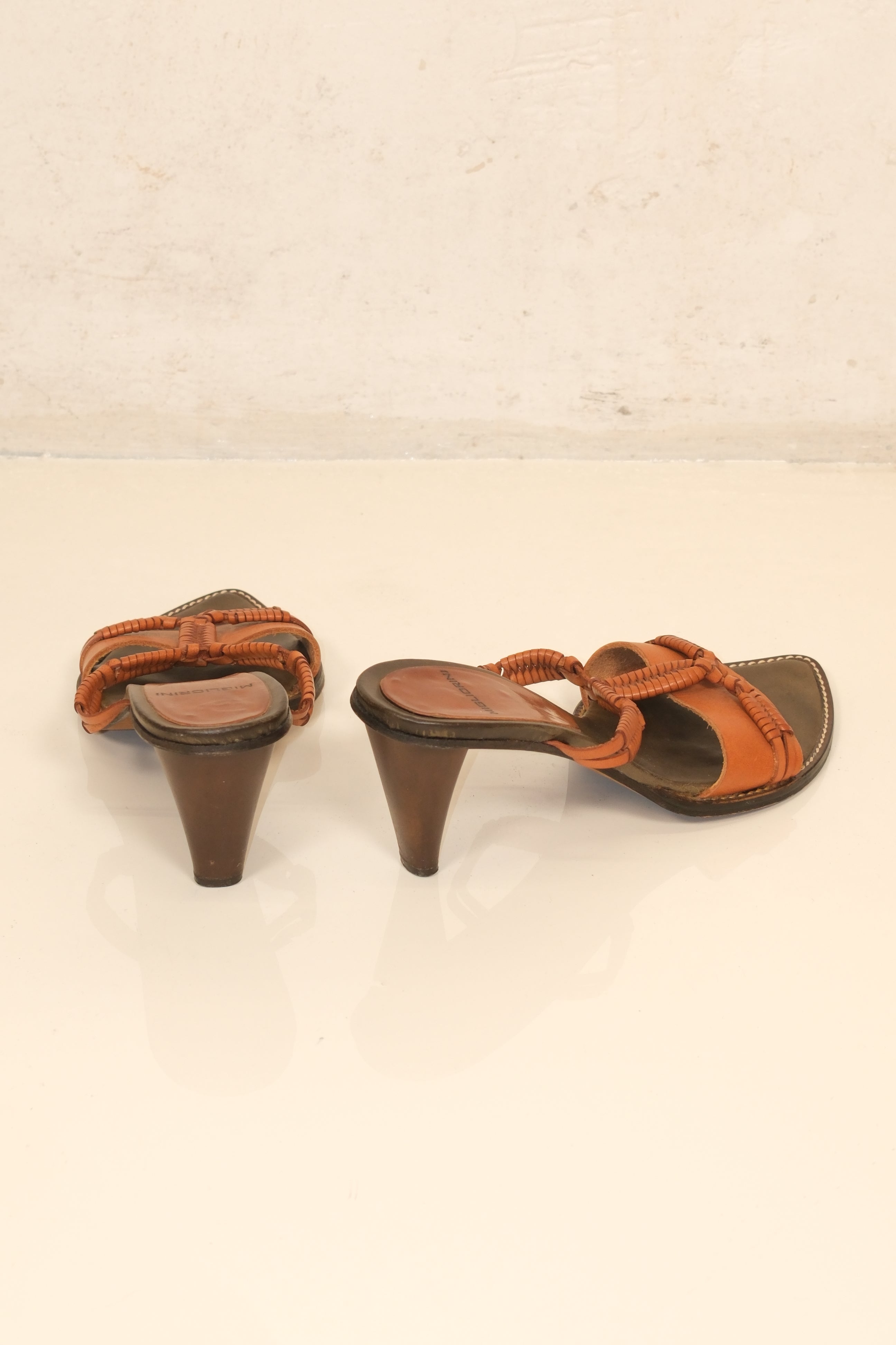 Migliorini honey brown vintage leather heeled sandals with woven straps