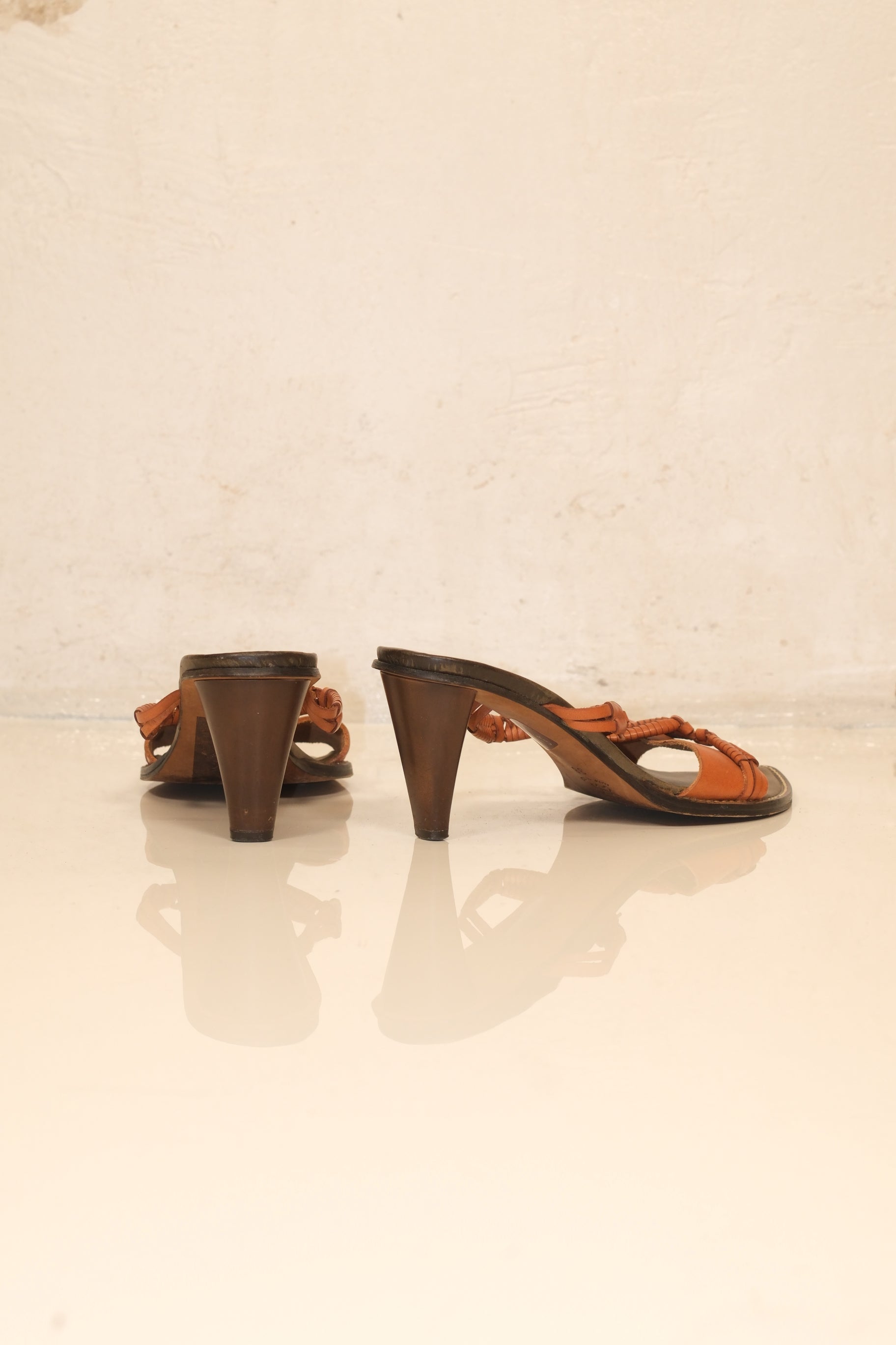 Migliorini honey brown vintage leather heeled sandals with woven straps