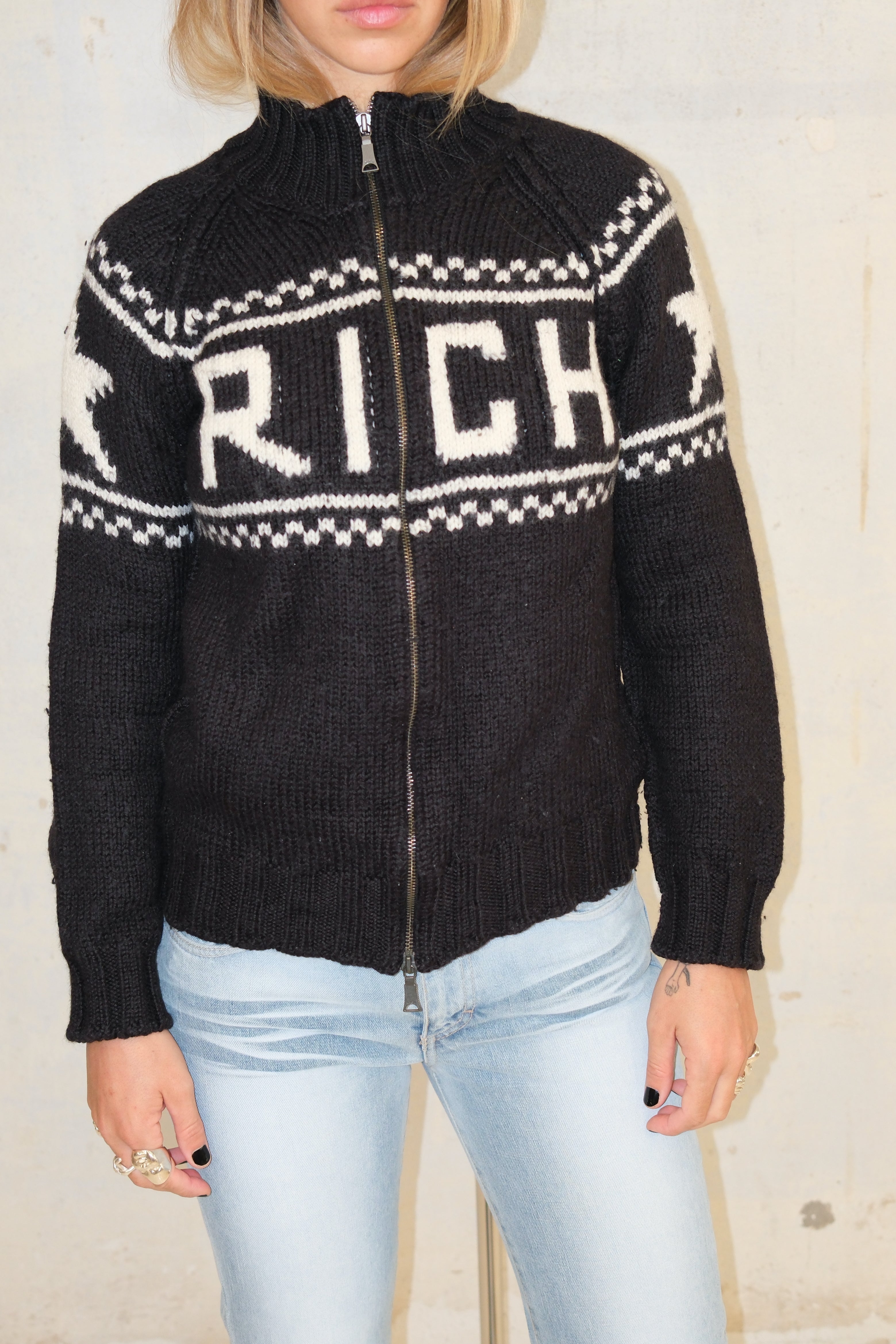 RICHMOND 2 SIDE ZIP UP GRAPHIC KNIT SWEATER