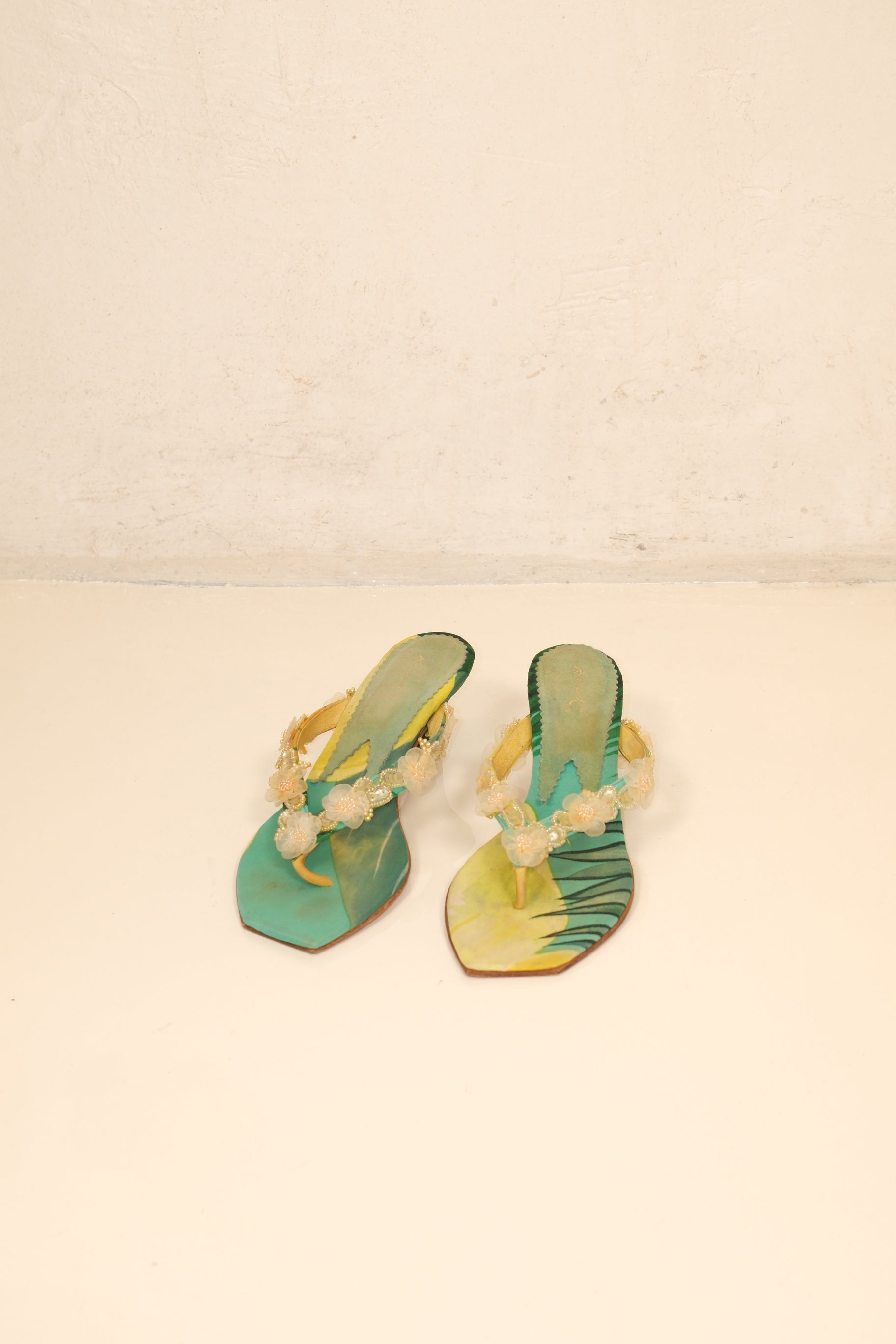 Floral Italian heeled thong sandals with beaded flower straps