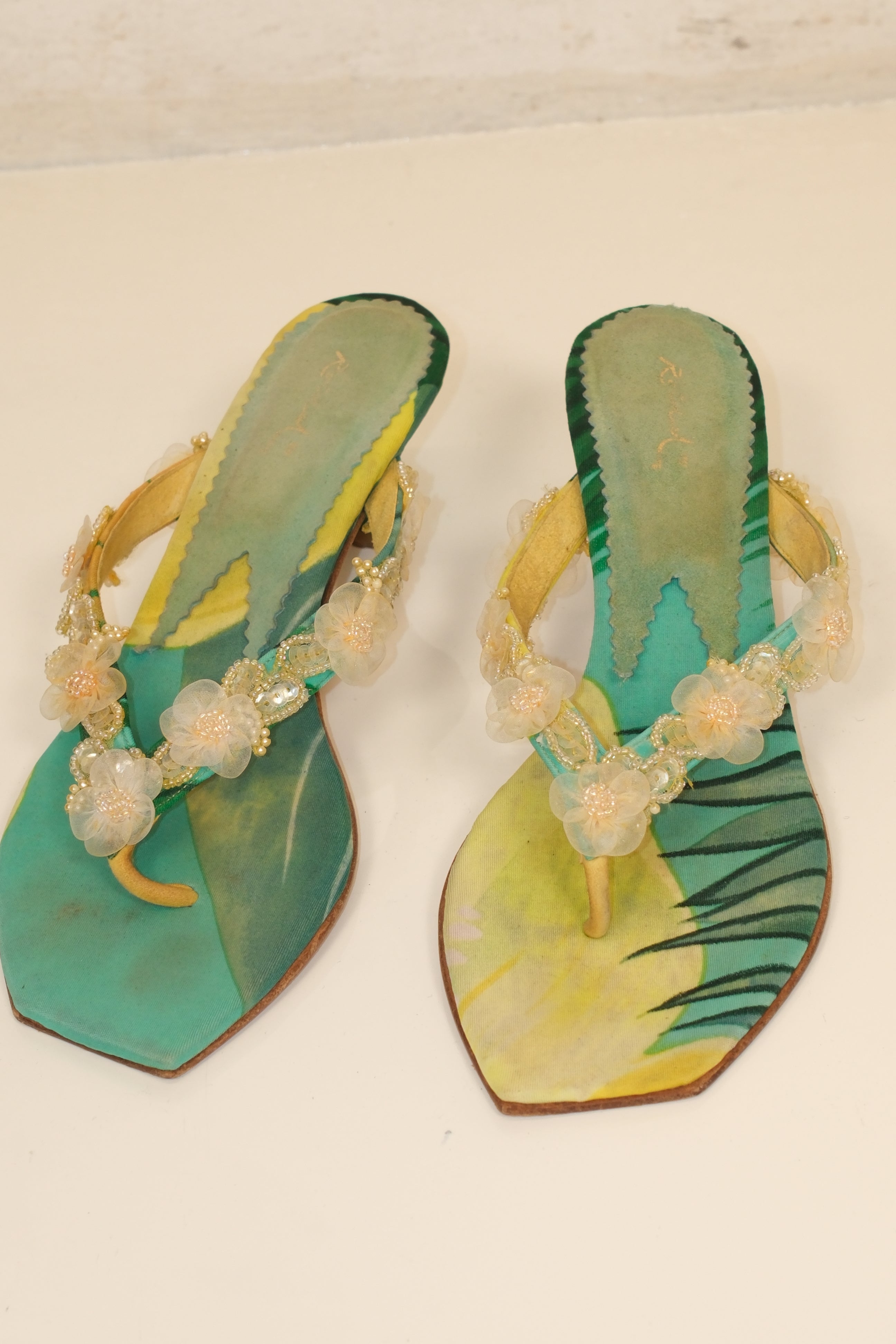 Floral Italian heeled thong sandals with beaded flower straps