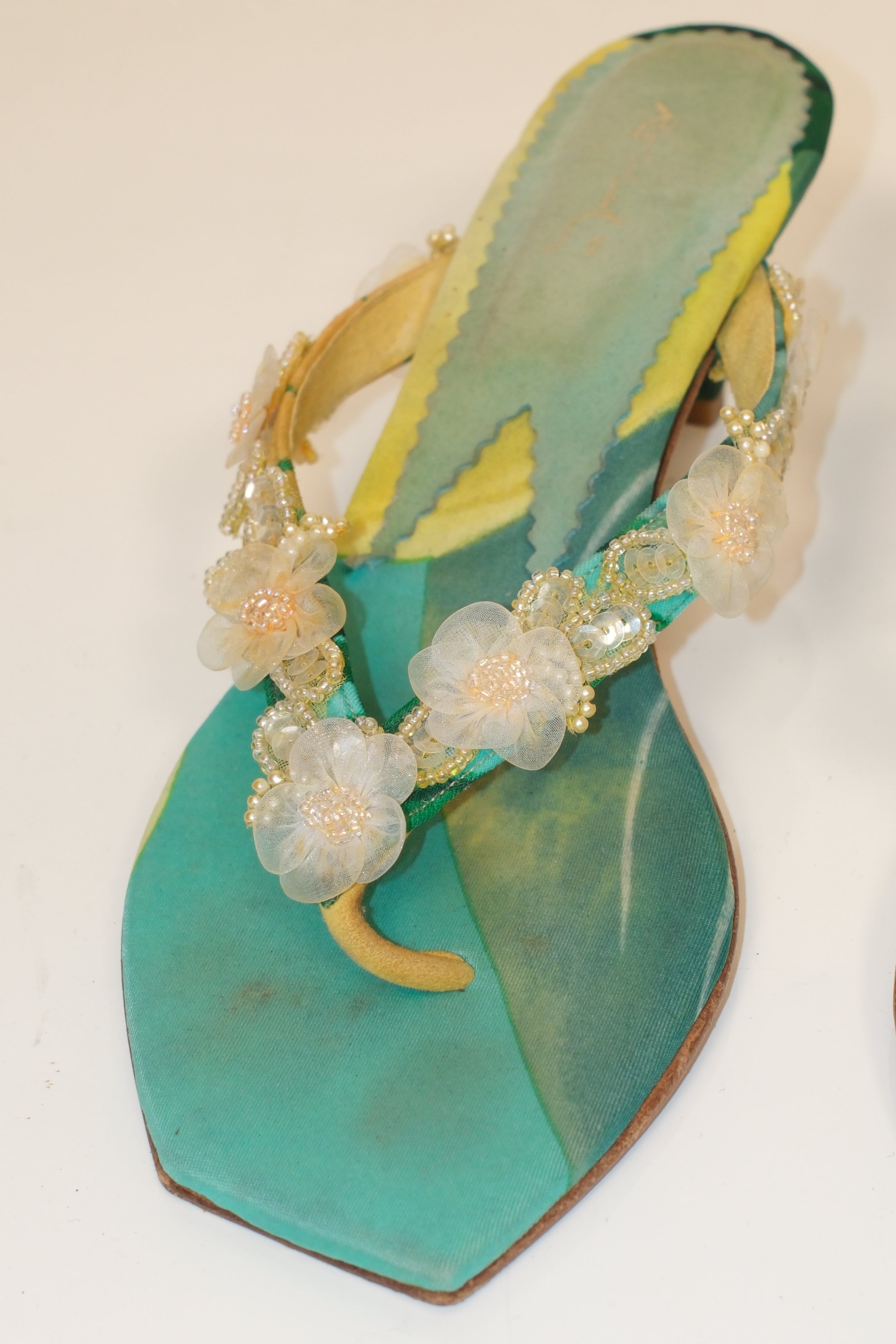 Floral Italian heeled thong sandals with beaded flower straps