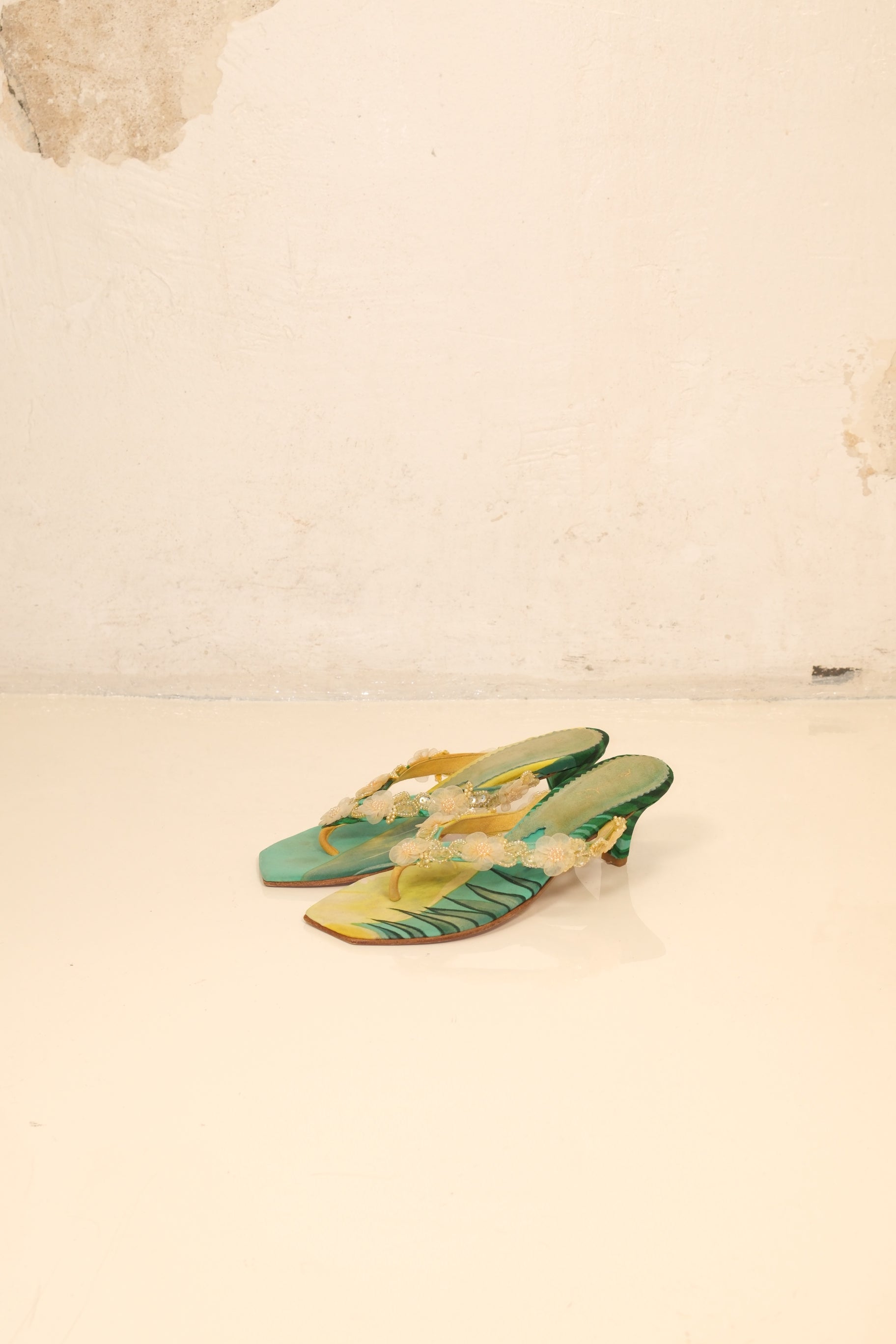 Floral Italian heeled thong sandals with beaded flower straps