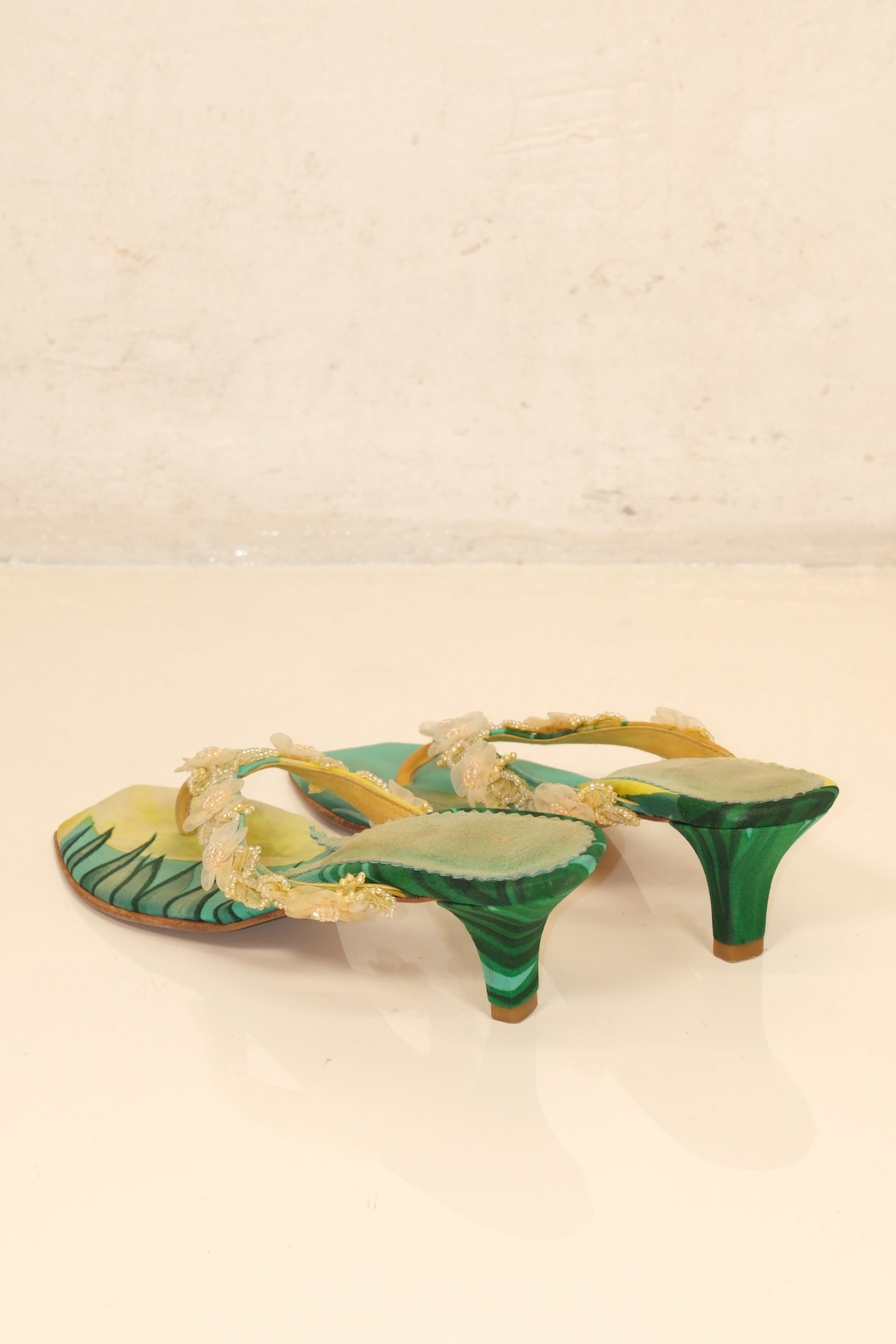 Floral Italian heeled thong sandals with beaded flower straps