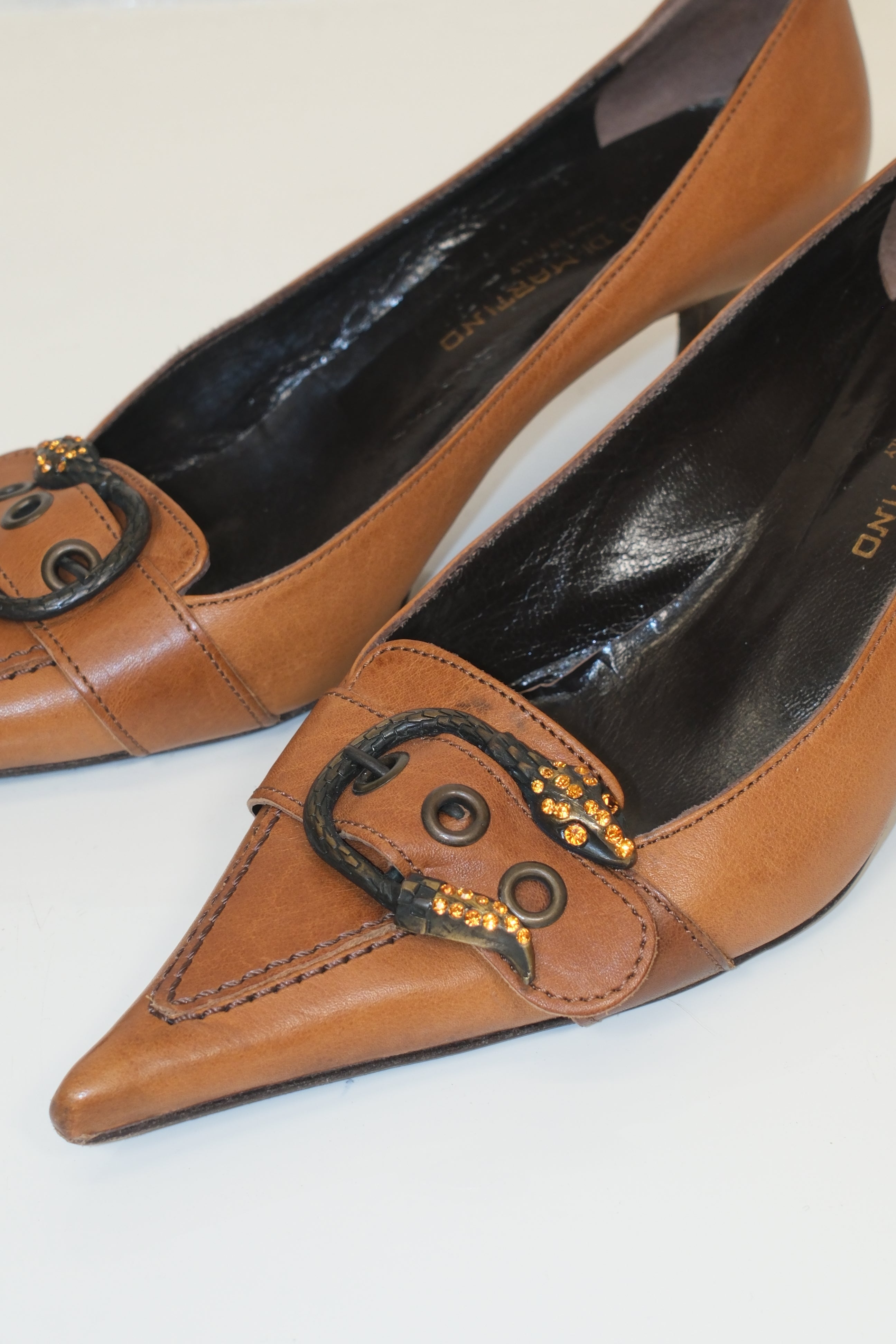Italian snake buckled pointed toe kitten heel in honey brown leather