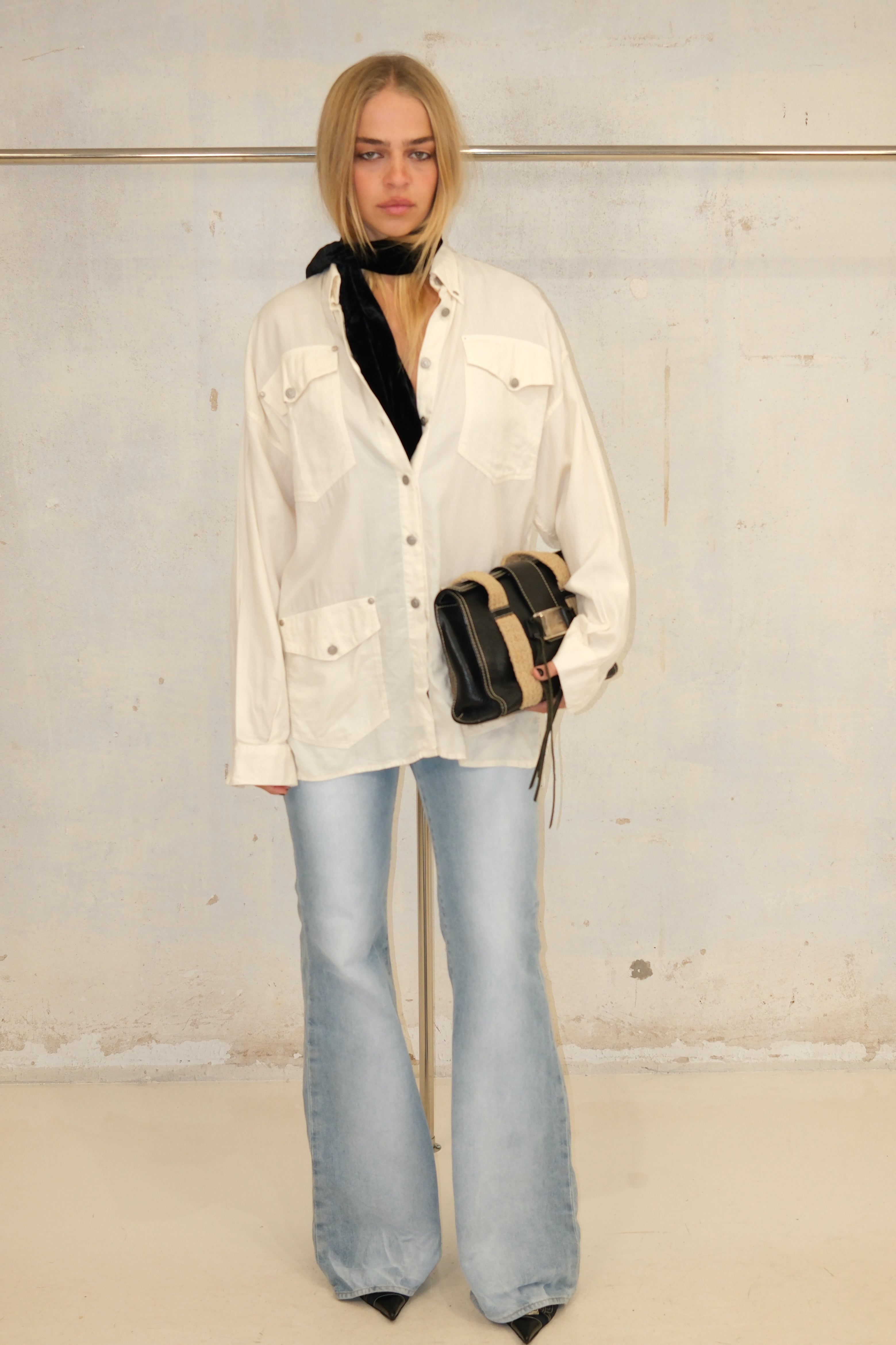 VERSACE CREAM BUTTON UP TOP WITH POCKETS