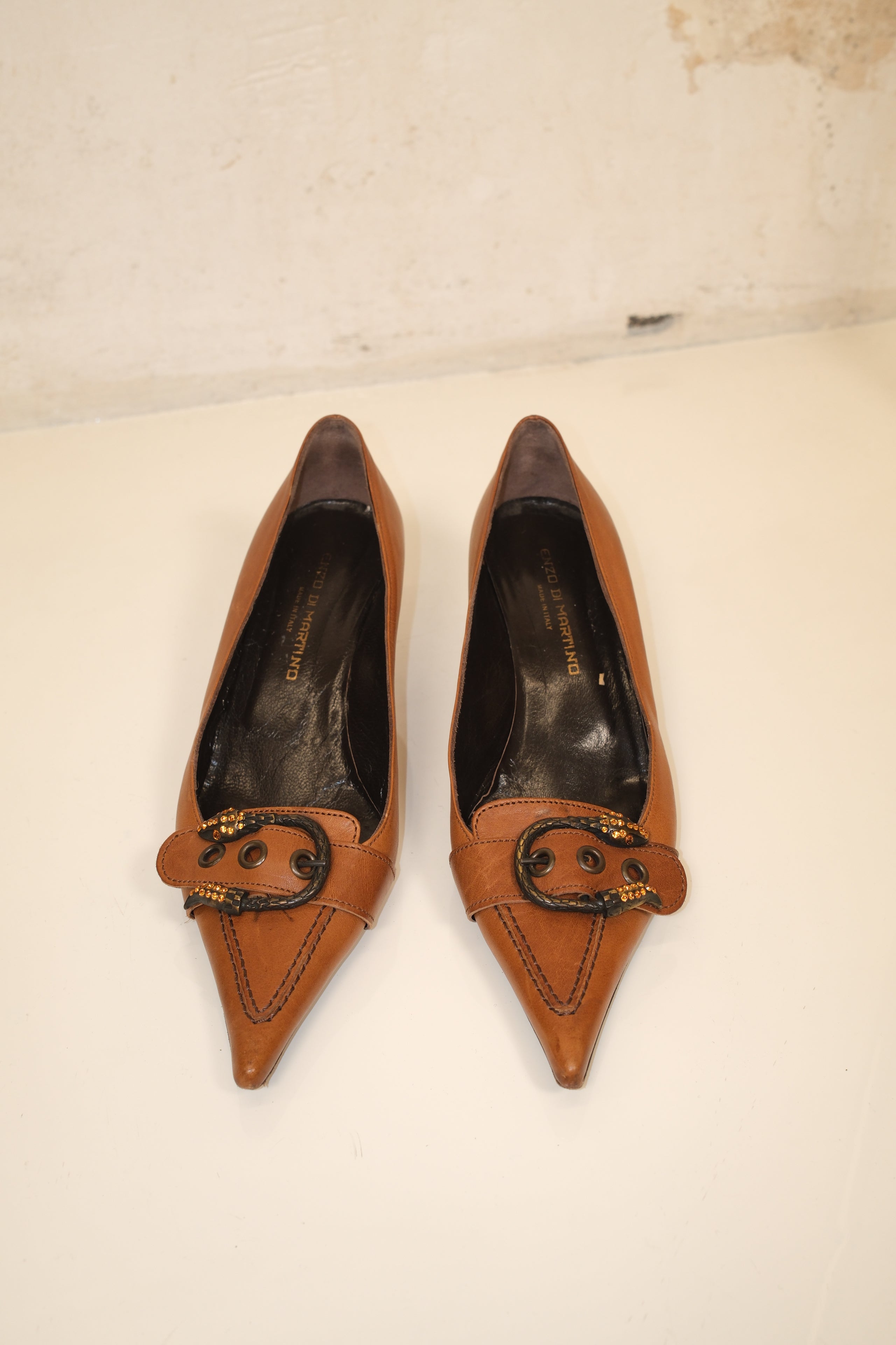 Italian snake buckled pointed toe kitten heel in honey brown leather
