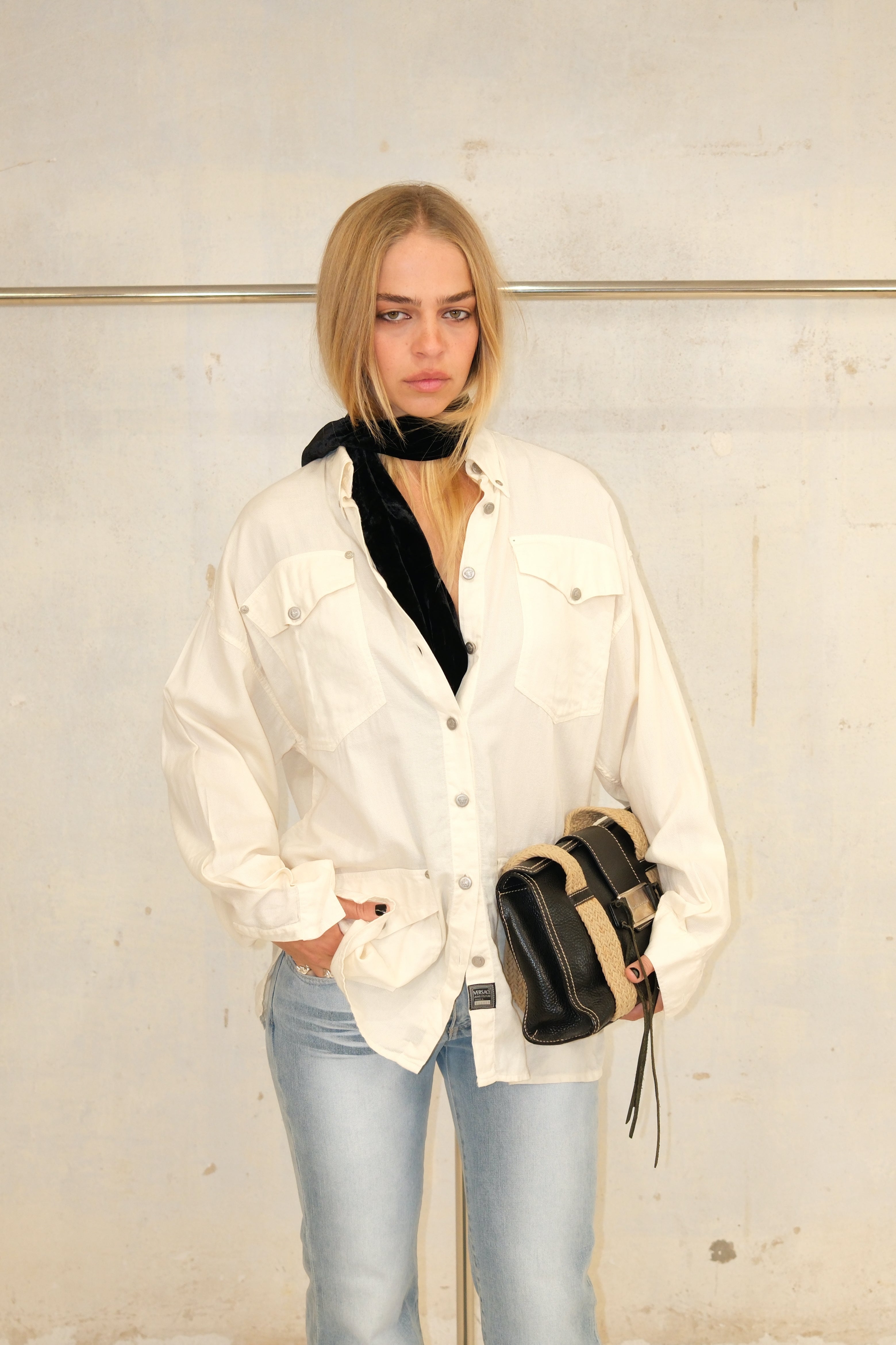 VERSACE CREAM BUTTON UP TOP WITH POCKETS