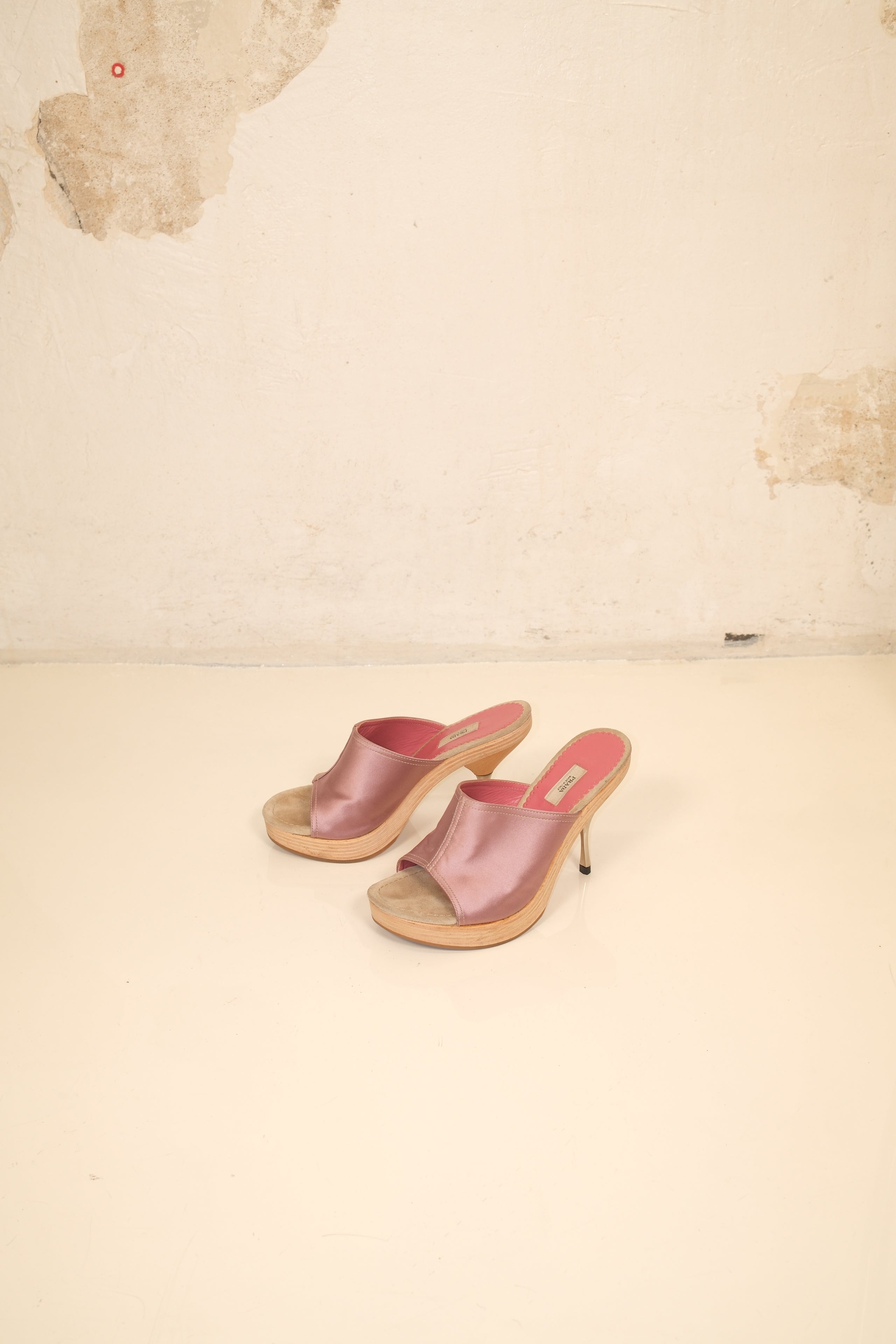 Prada Coquette wooden open mule in pink satin