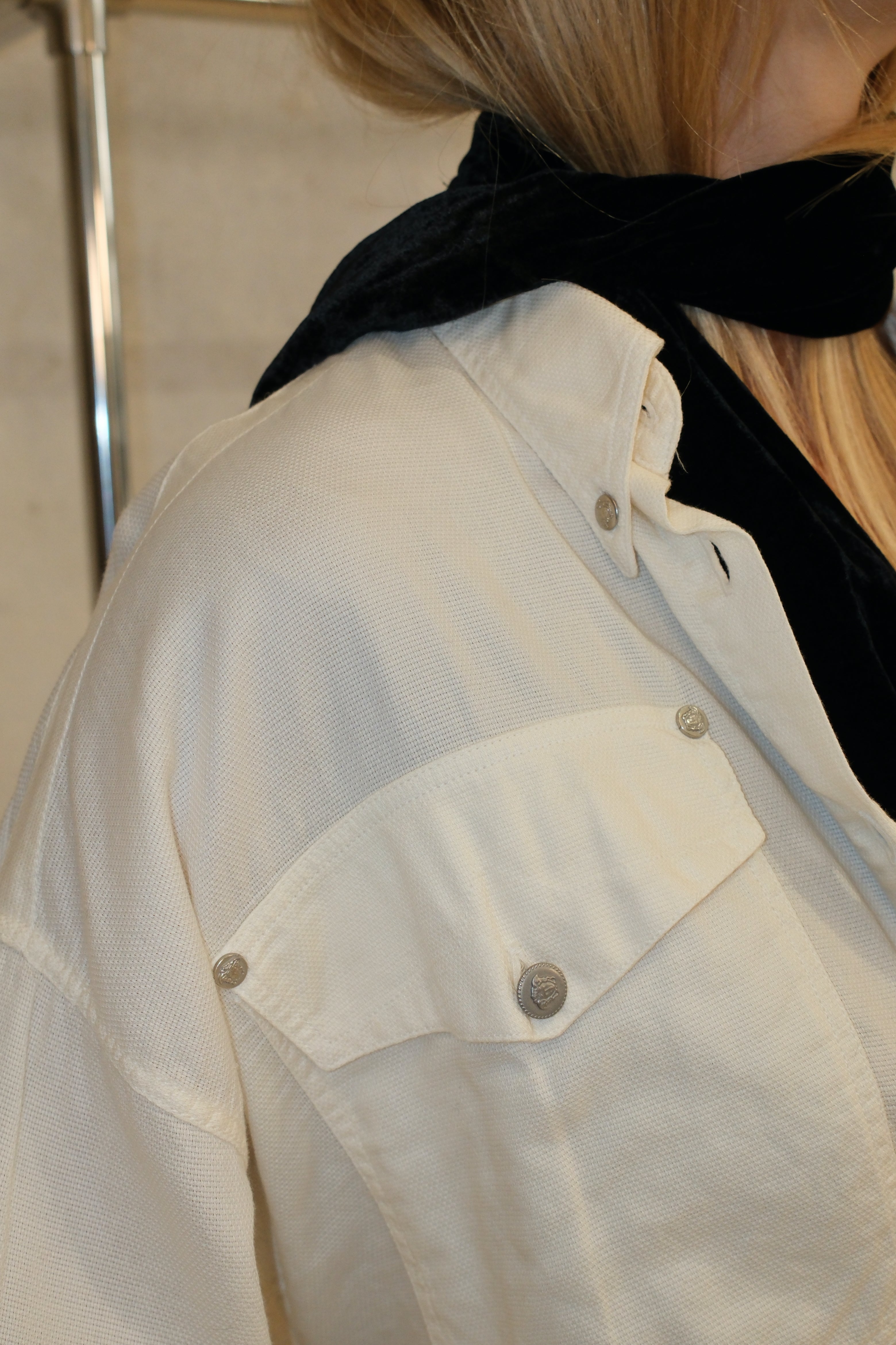 VERSACE CREAM BUTTON UP TOP WITH POCKETS