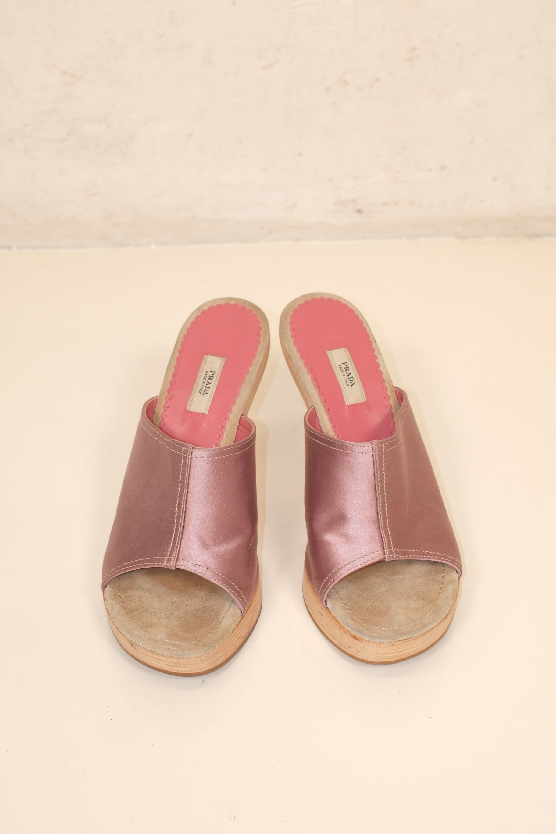 Prada Coquette wooden open mule in pink satin