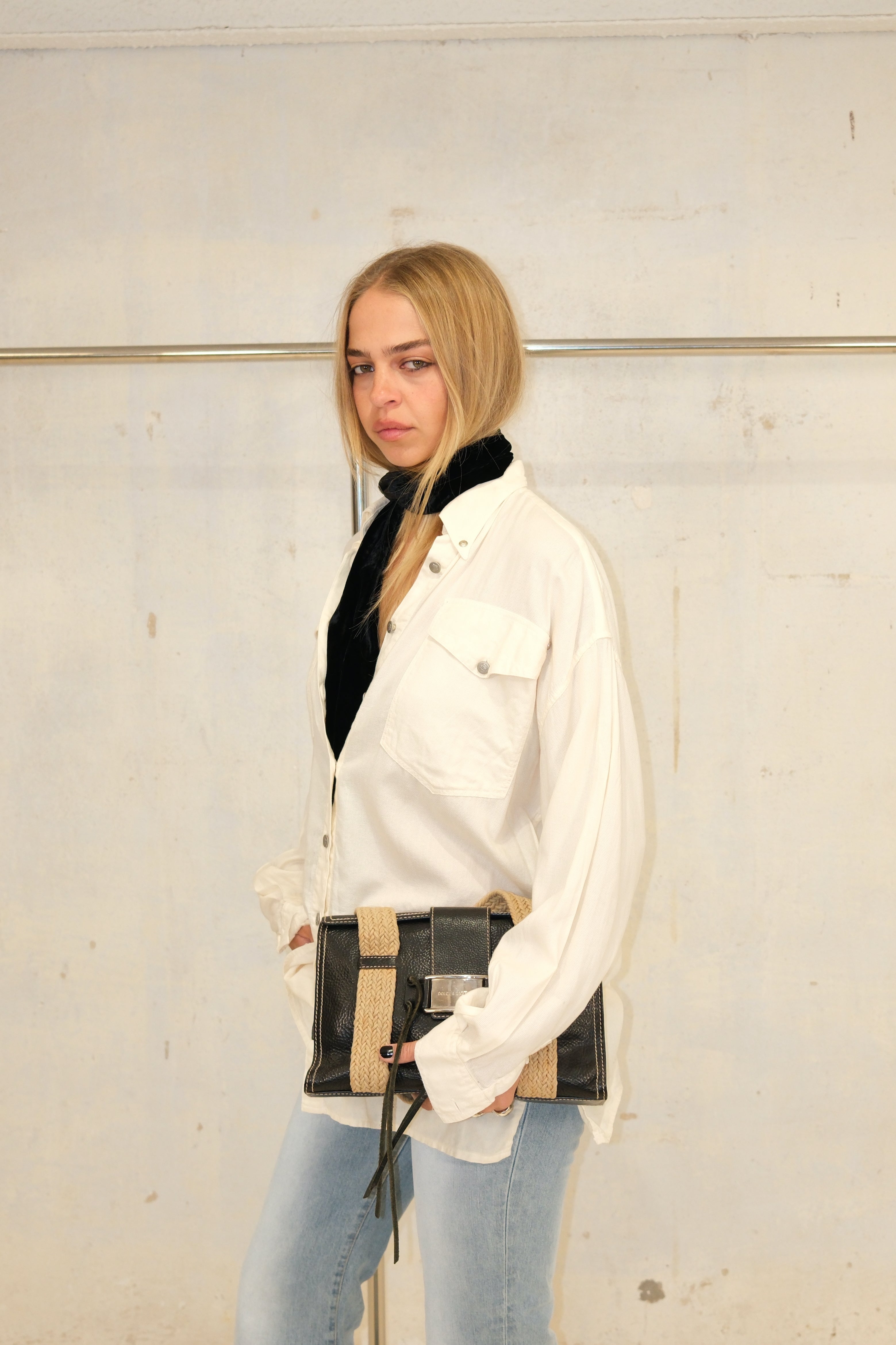 VERSACE CREAM BUTTON UP TOP WITH POCKETS