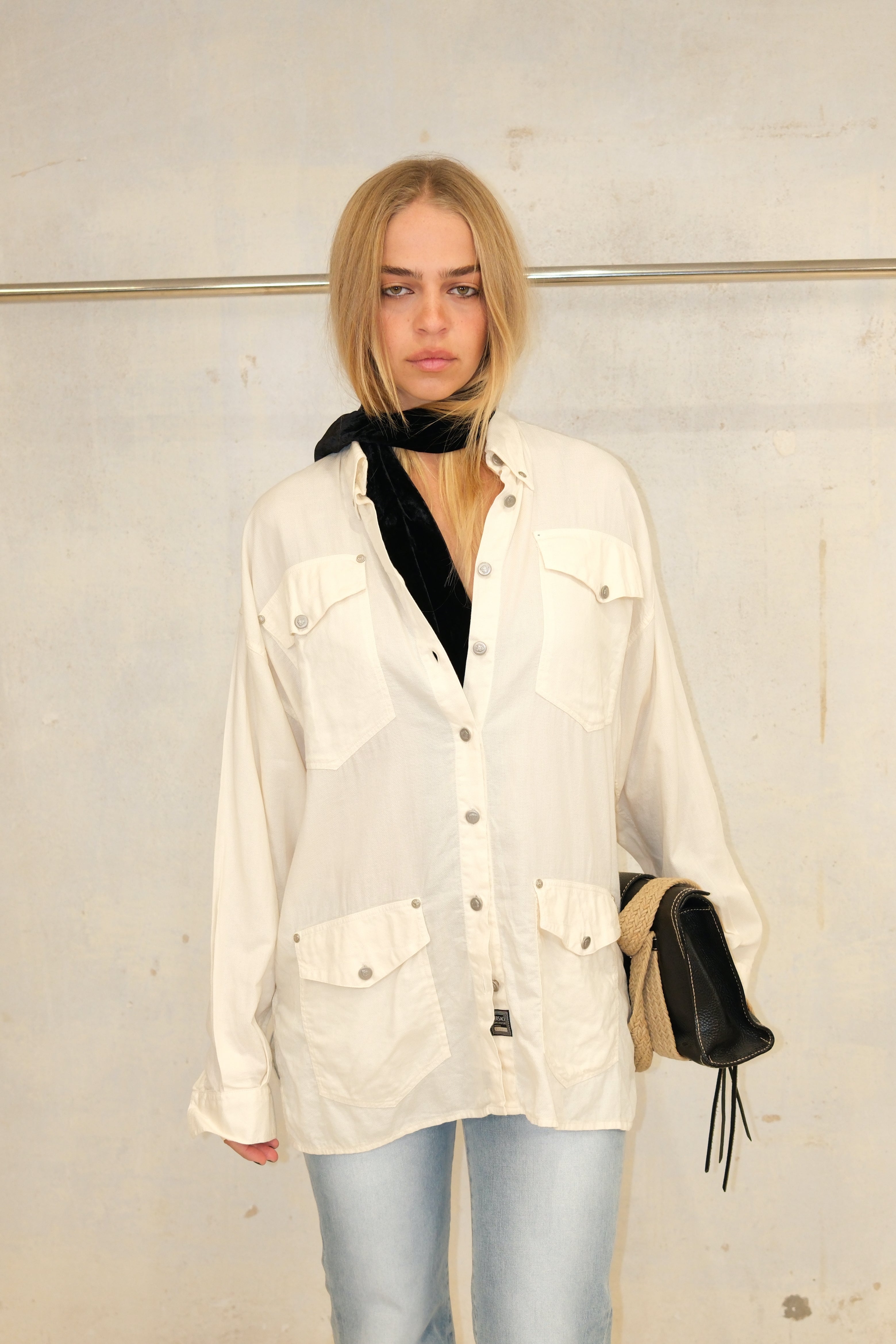 VERSACE CREAM BUTTON UP TOP WITH POCKETS