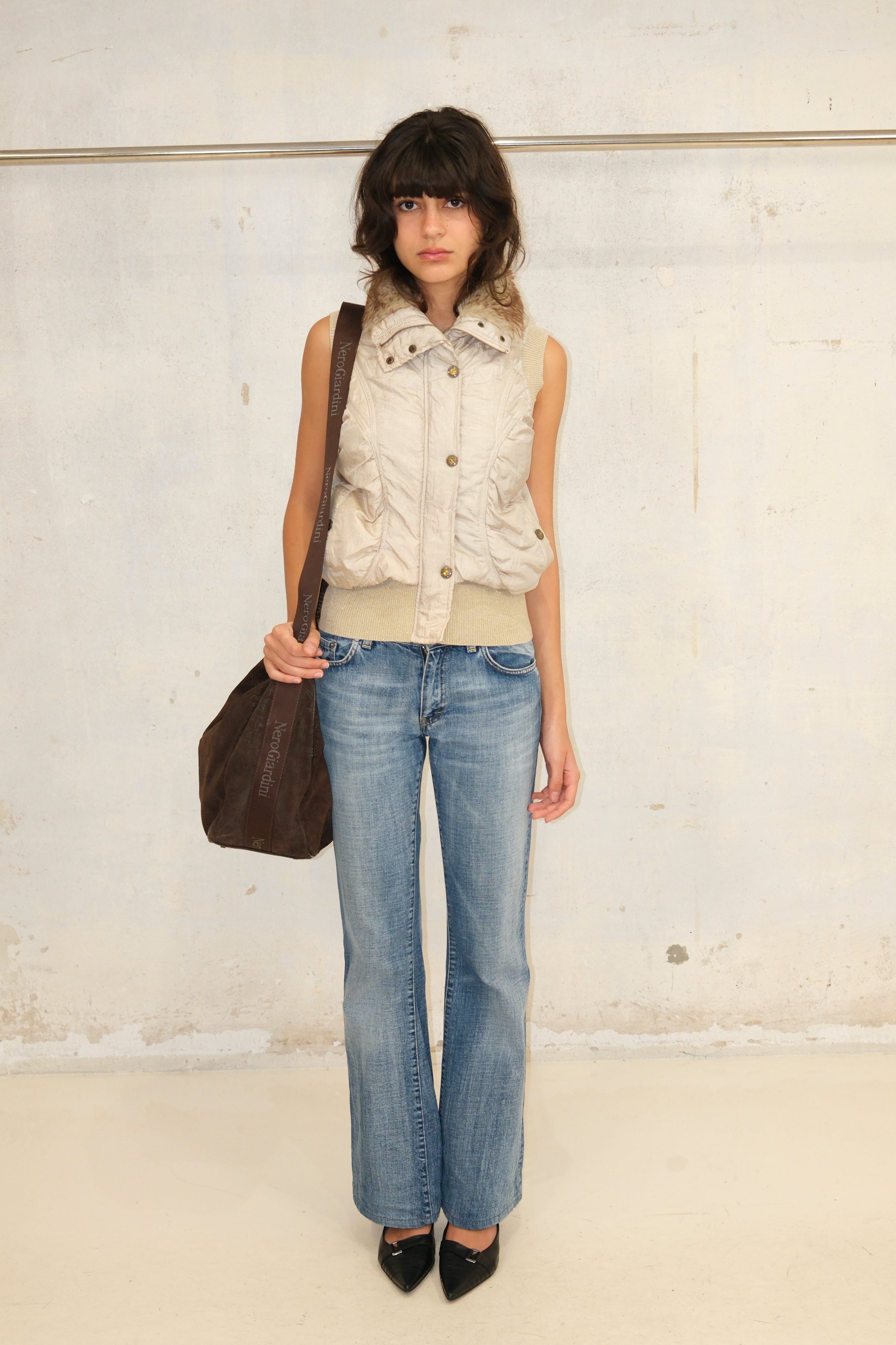 GOLDEN SHINY PUFFY VEST WITH FUR