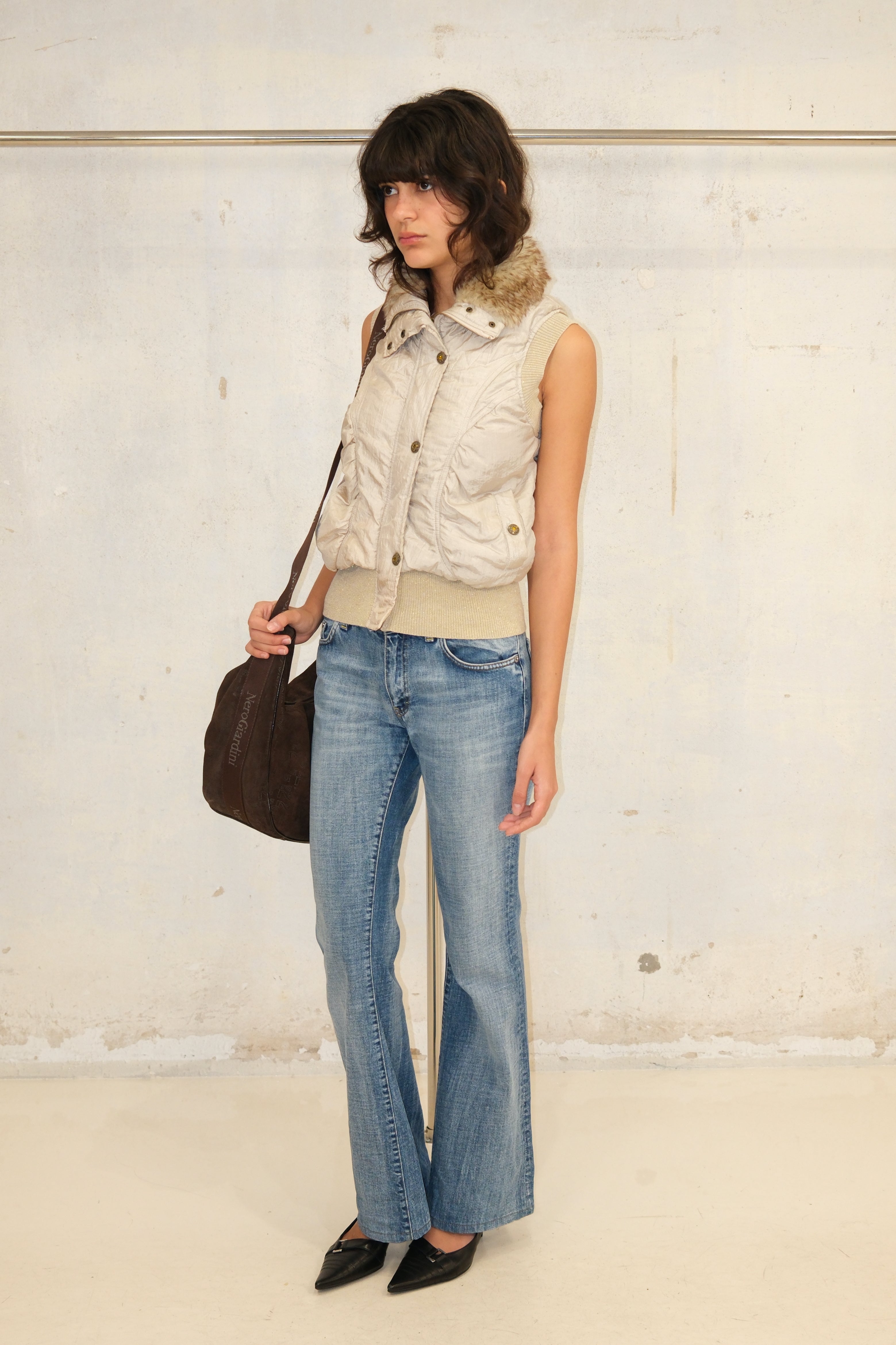 GOLDEN SHINY PUFFY VEST WITH FUR