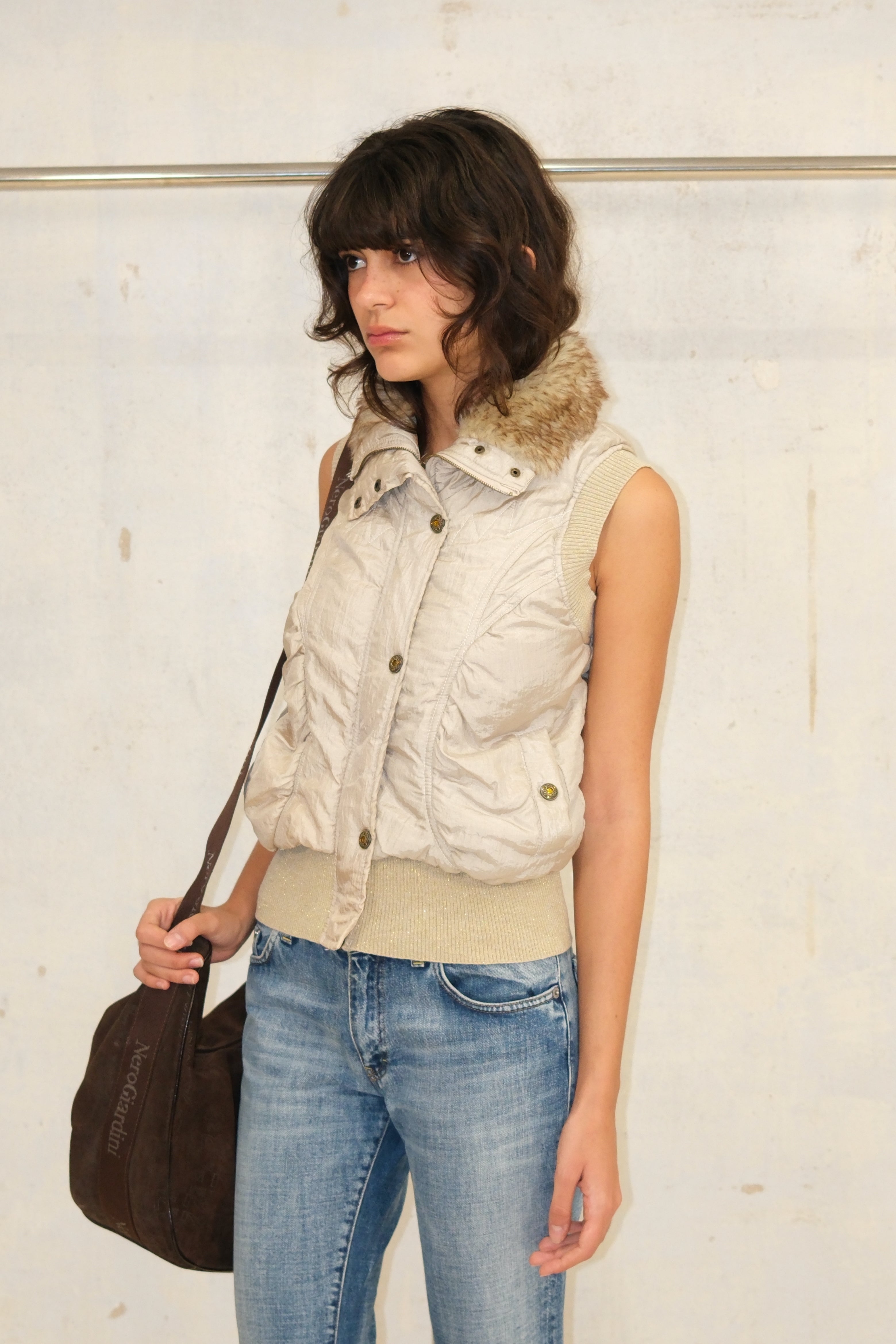 GOLDEN SHINY PUFFY VEST WITH FUR