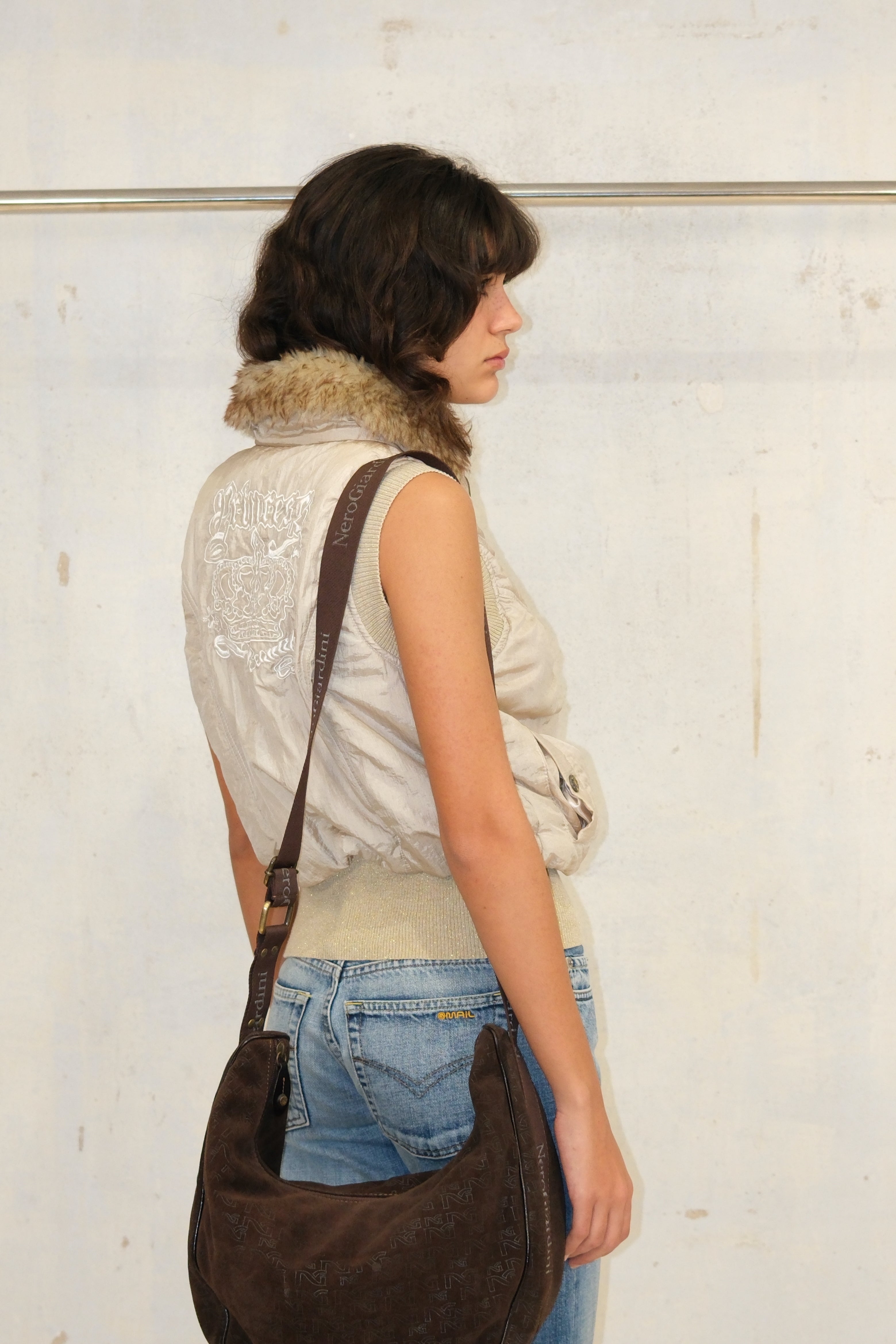 GOLDEN SHINY PUFFY VEST WITH FUR