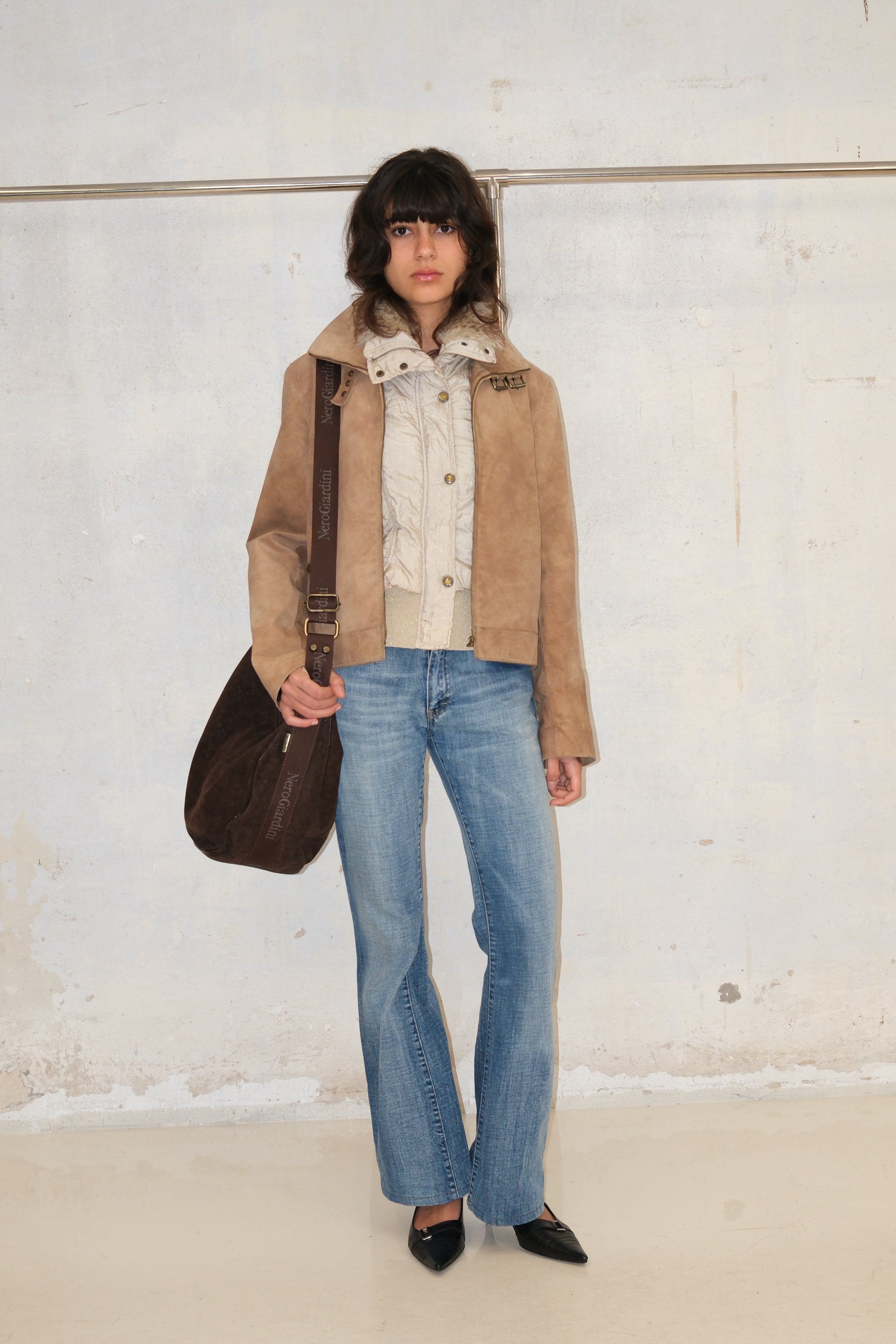 Distressed Suede Leather Coat With Belt Detail