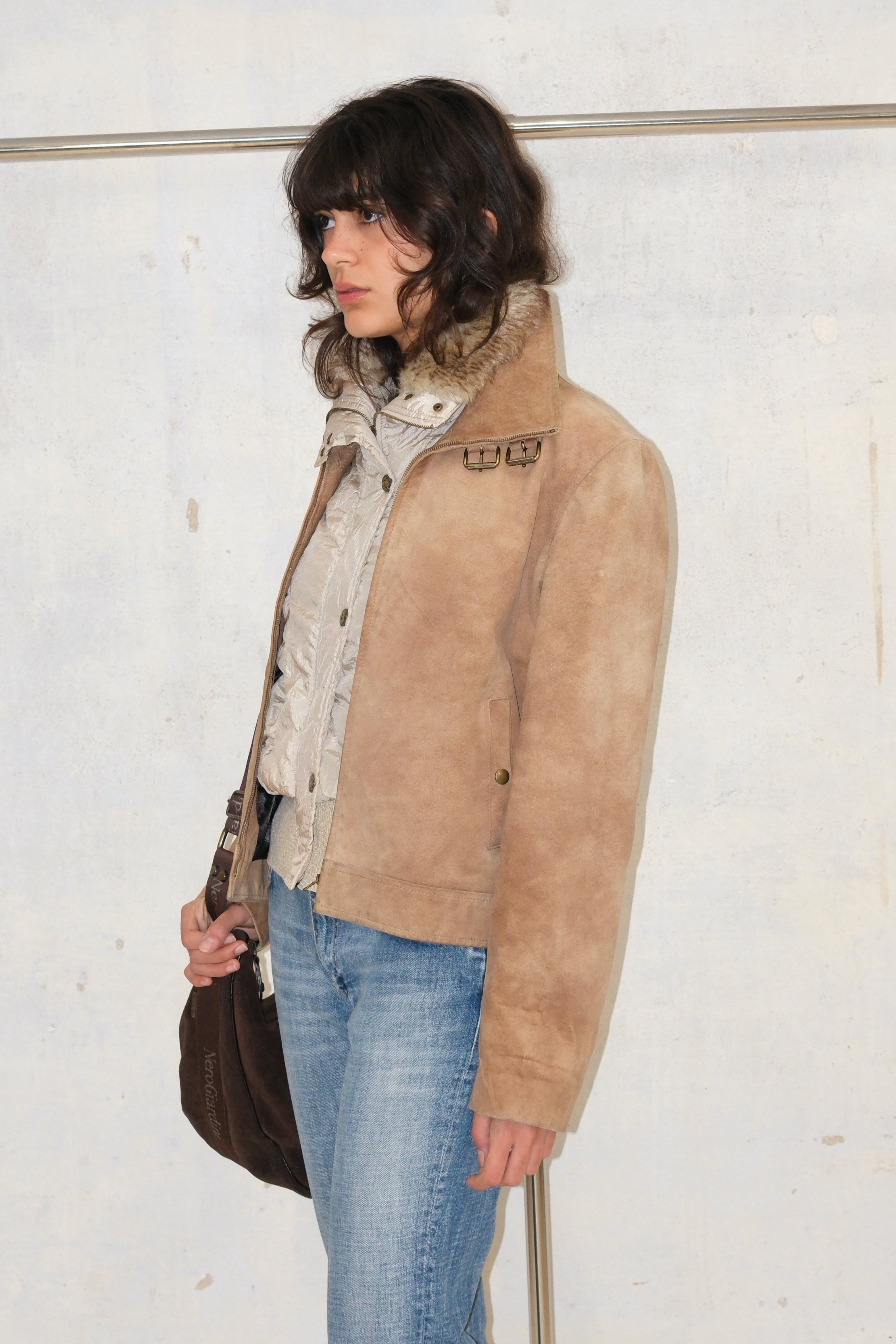 Distressed Suede Leather Coat With Belt Detail