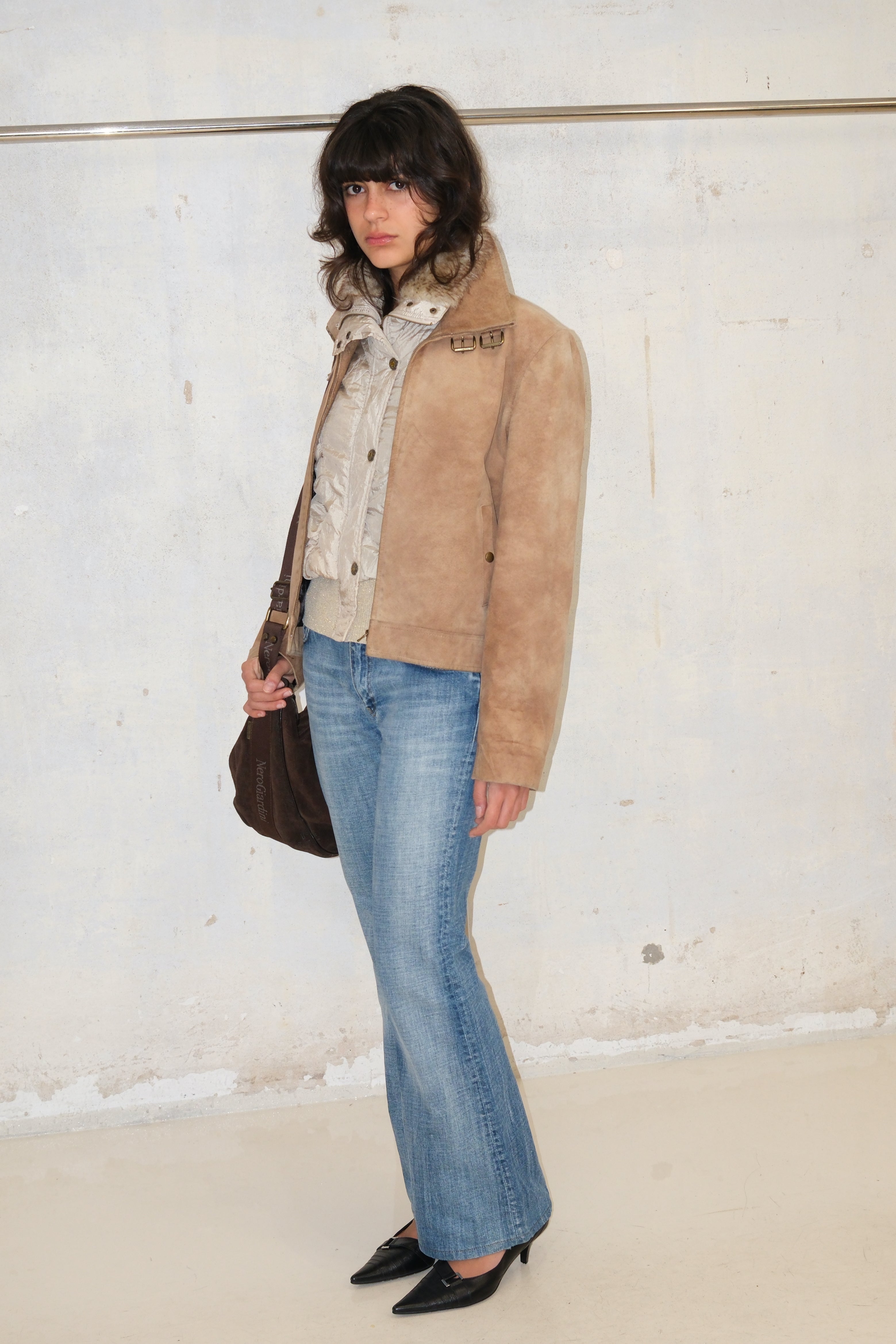 Distressed Suede Leather Coat With Belt Detail