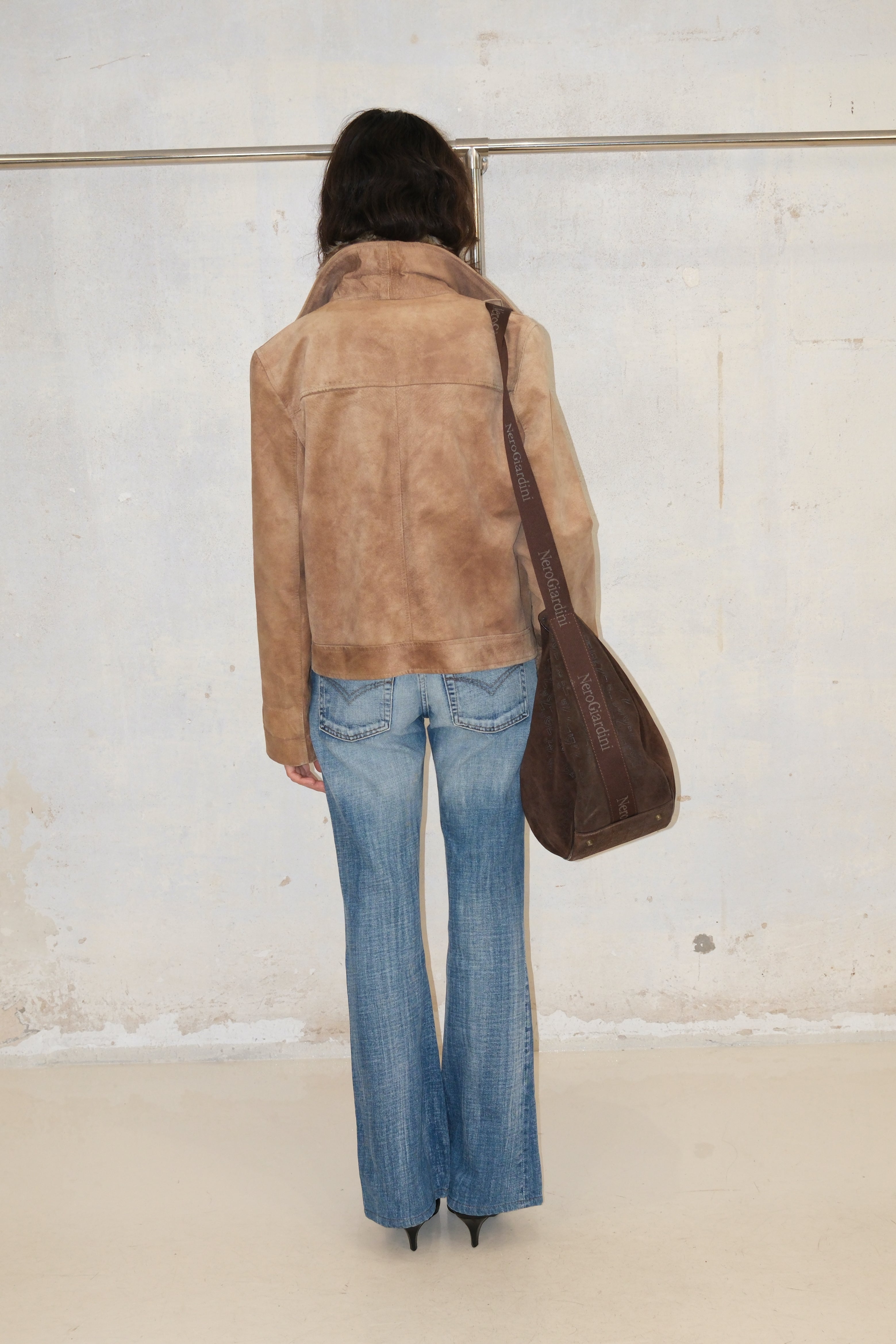 Distressed Suede Leather Coat With Belt Detail