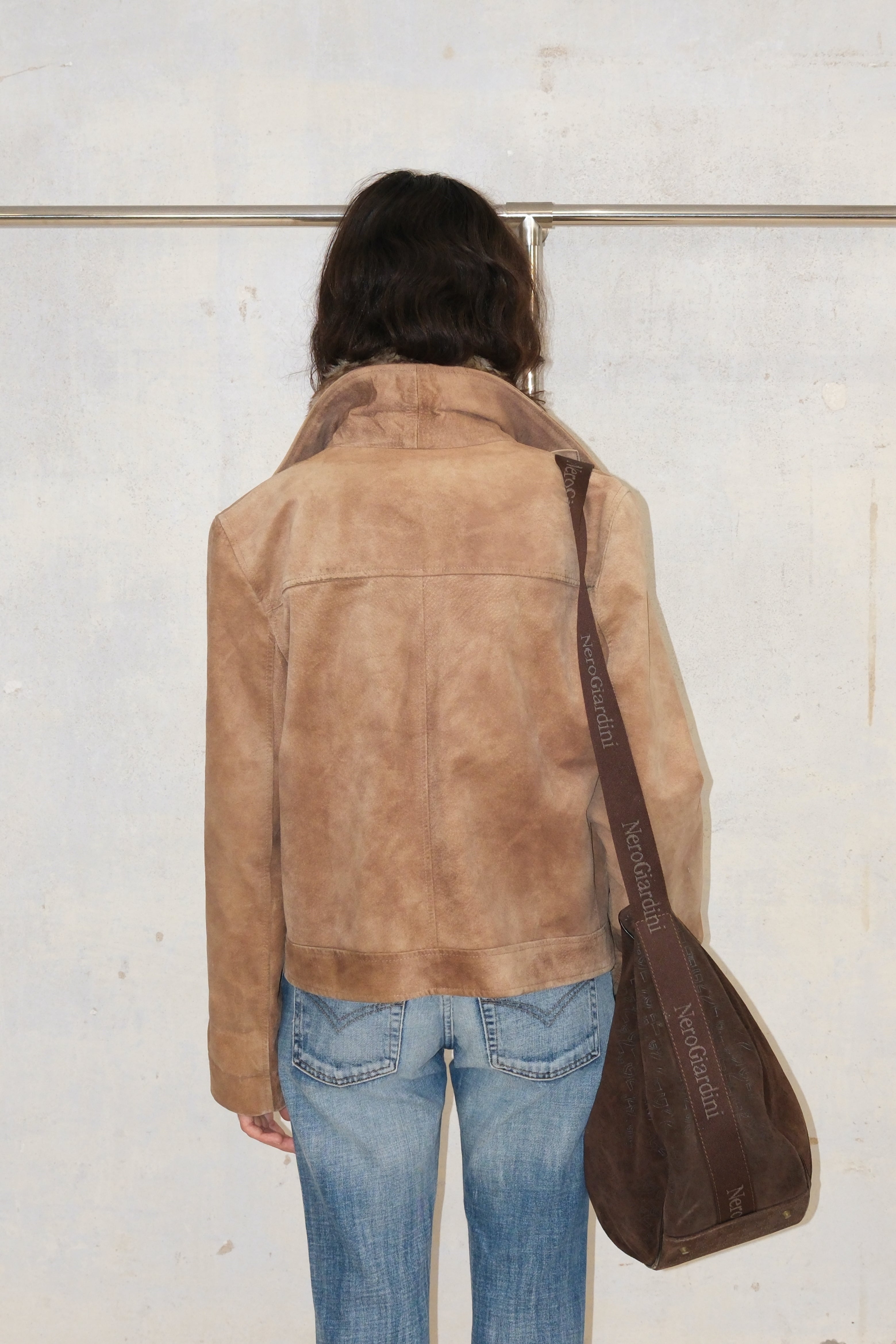 Distressed Suede Leather Coat With Belt Detail