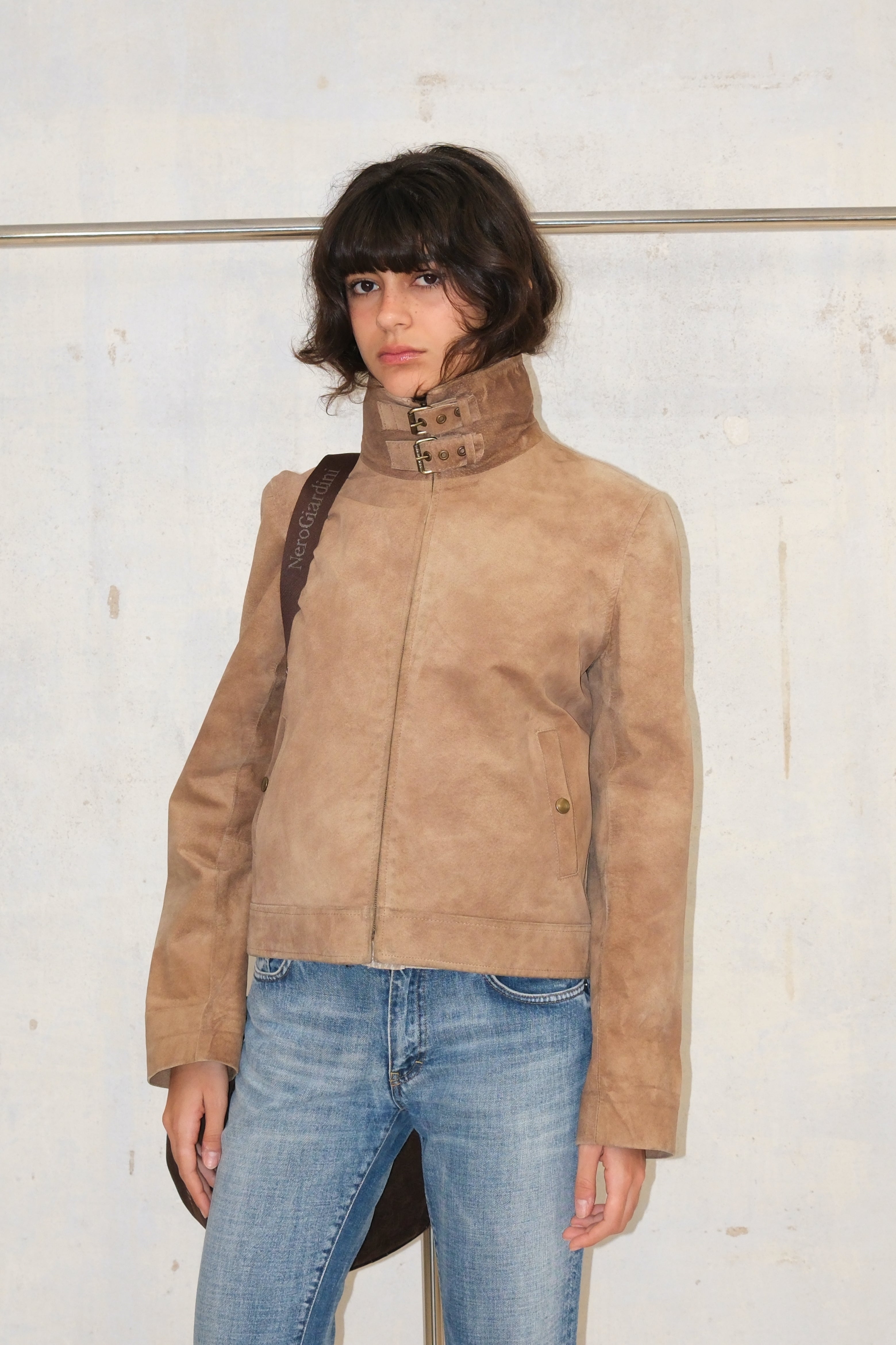 Distressed Suede Leather Coat With Belt Detail