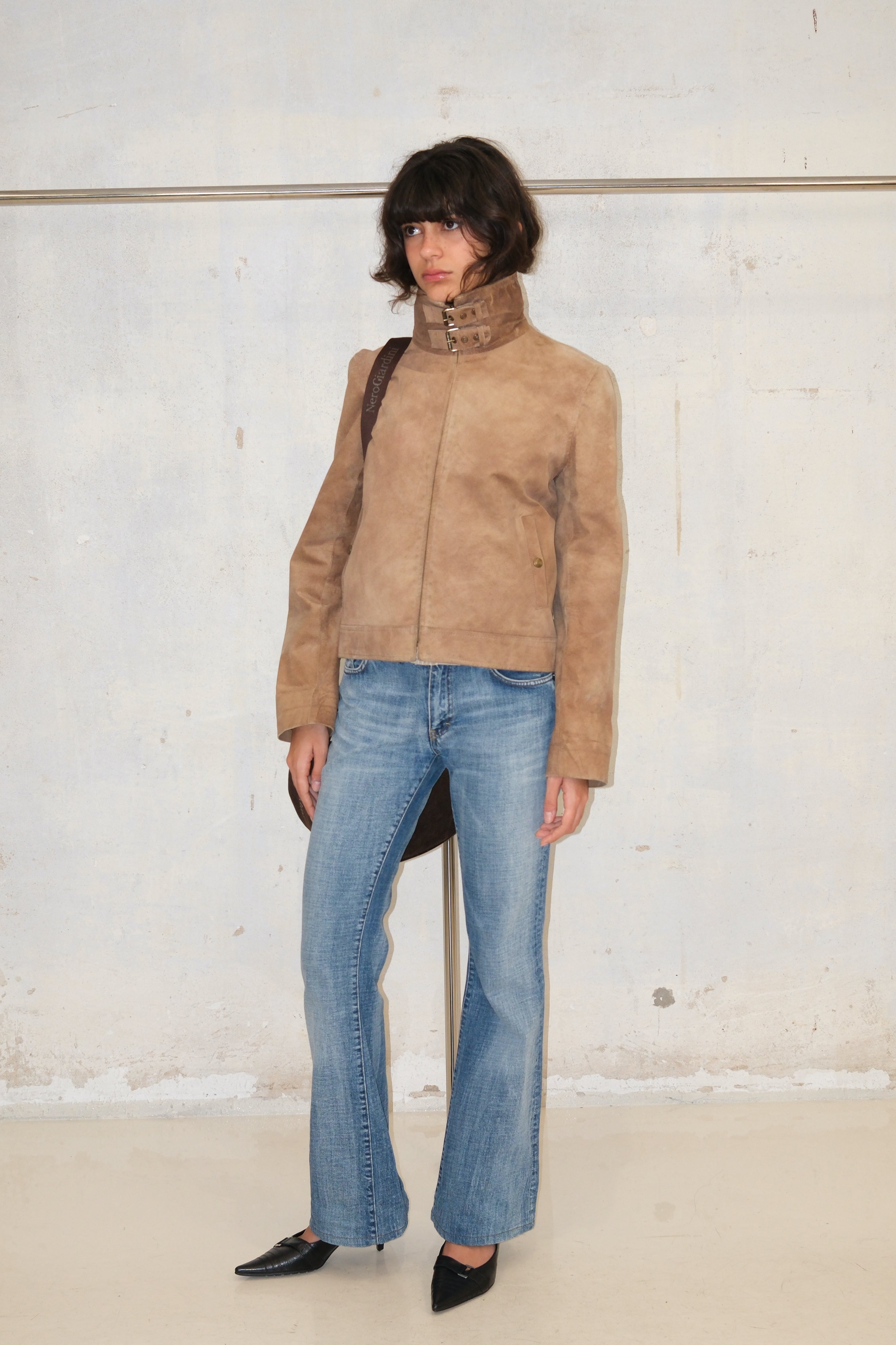 Distressed Suede Leather Coat With Belt Detail