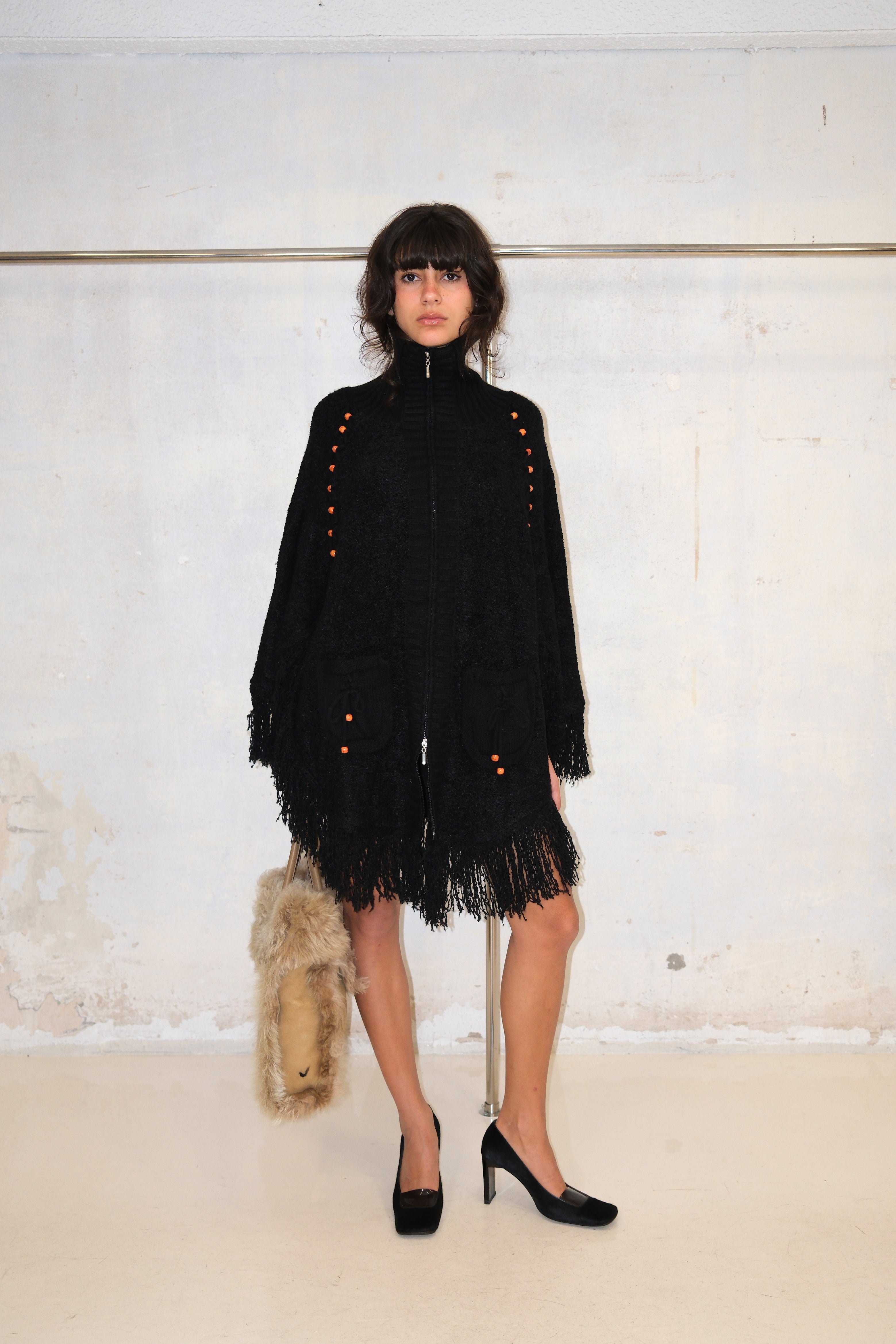 COZY BEADED ZIP-UP FRINGE KNIT PULLOVER