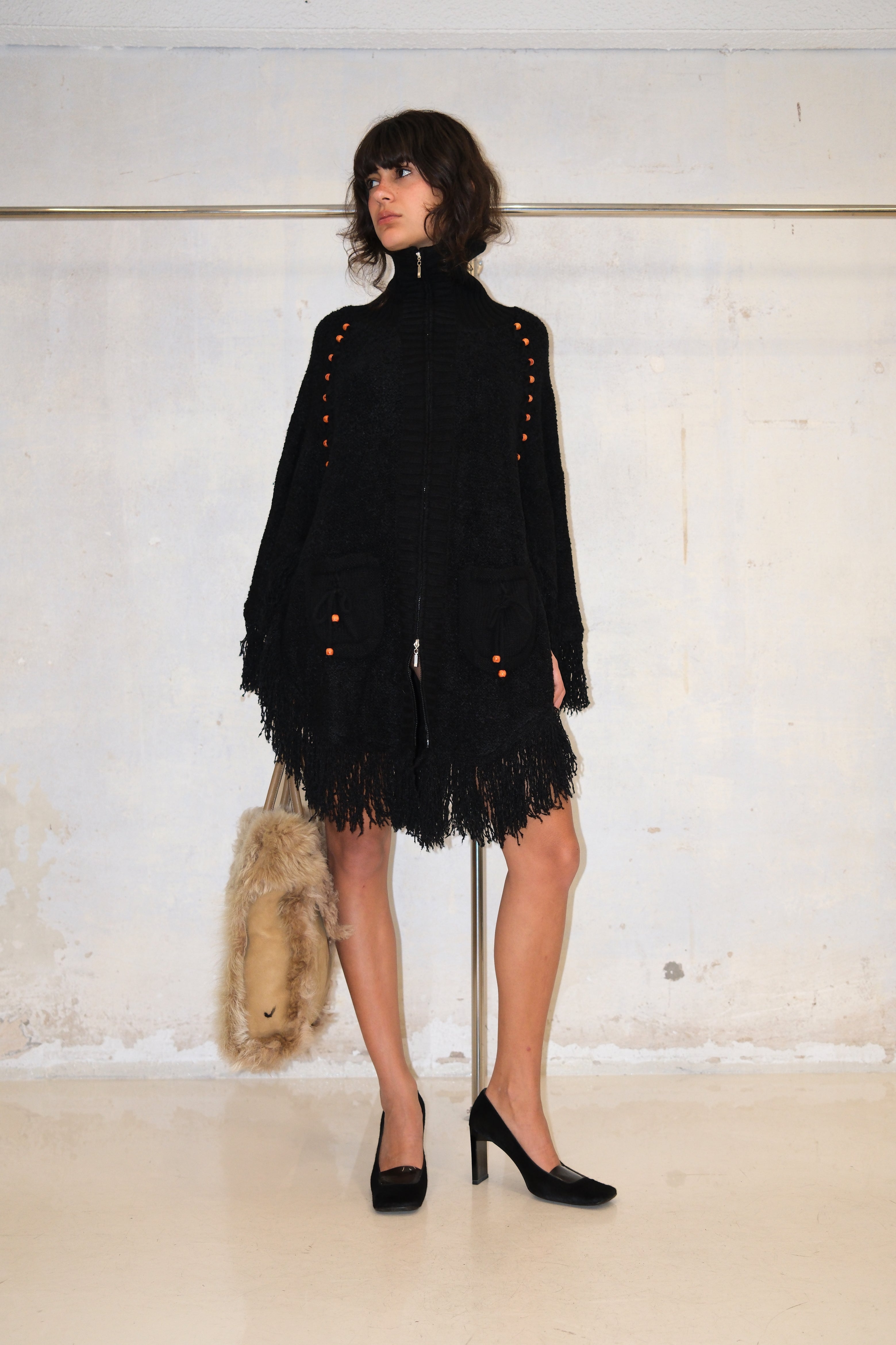 COZY BEADED ZIP-UP FRINGE KNIT PULLOVER