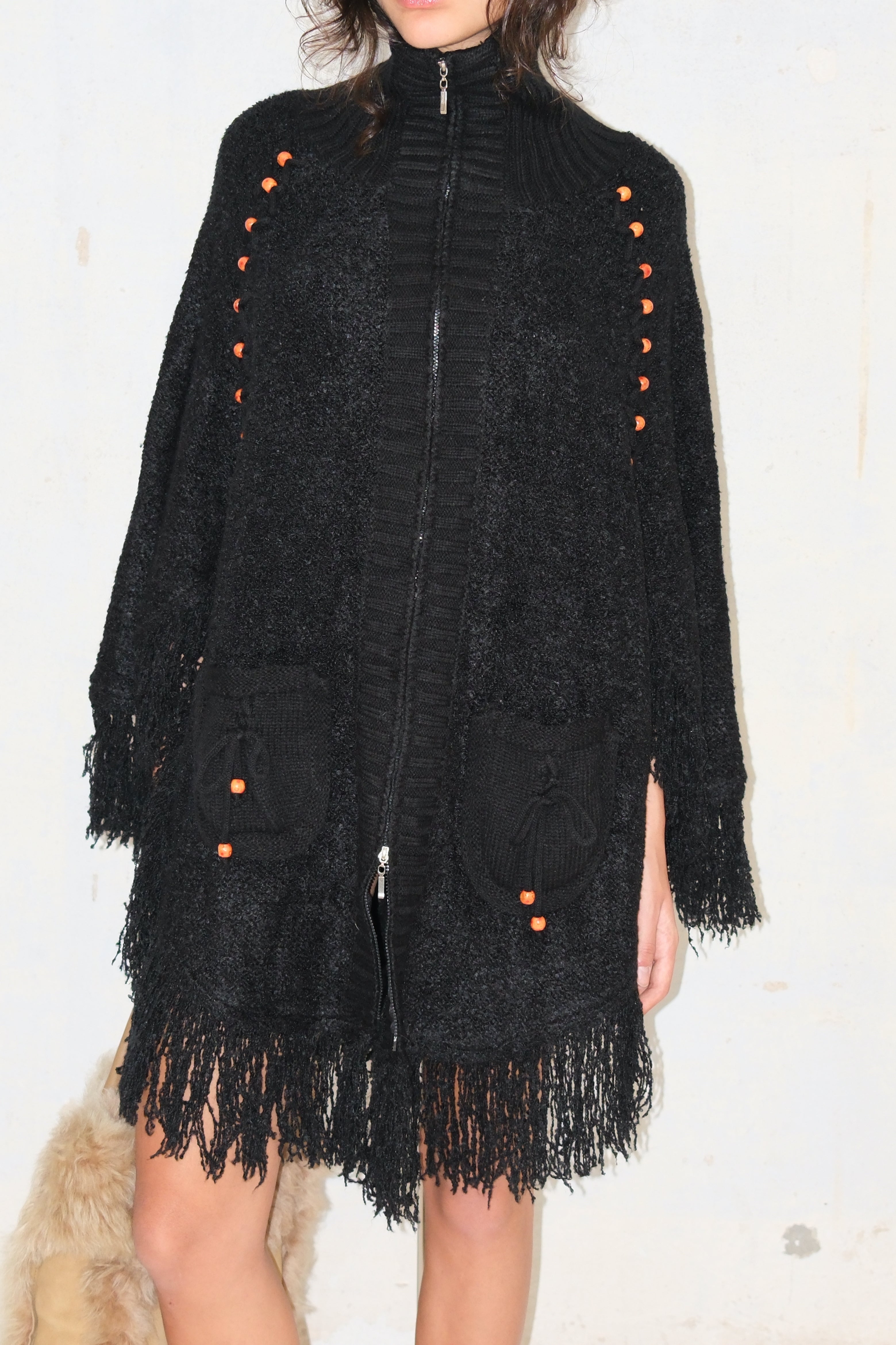 COZY BEADED ZIP-UP FRINGE KNIT PULLOVER