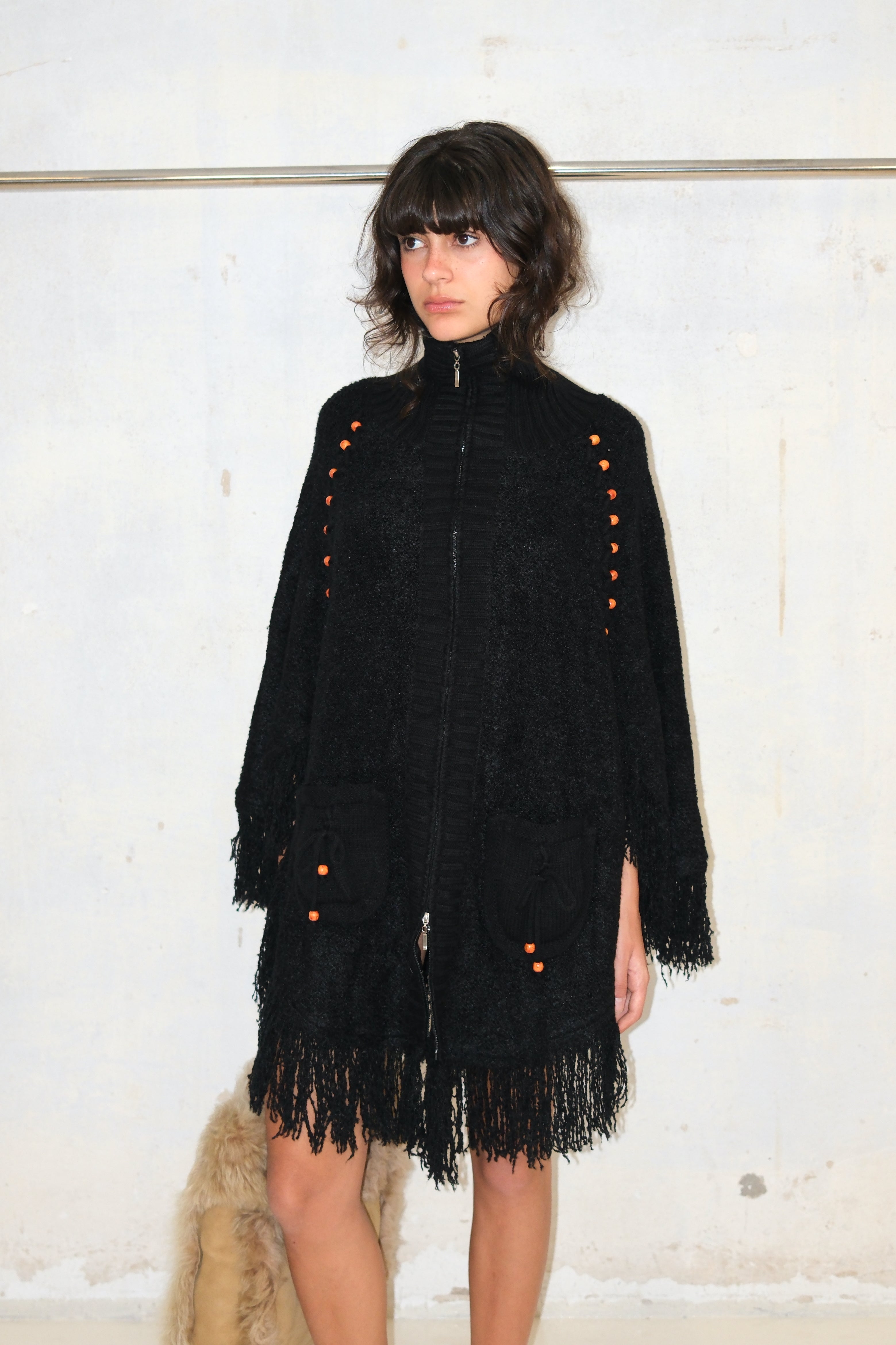 COZY BEADED ZIP-UP FRINGE KNIT PULLOVER