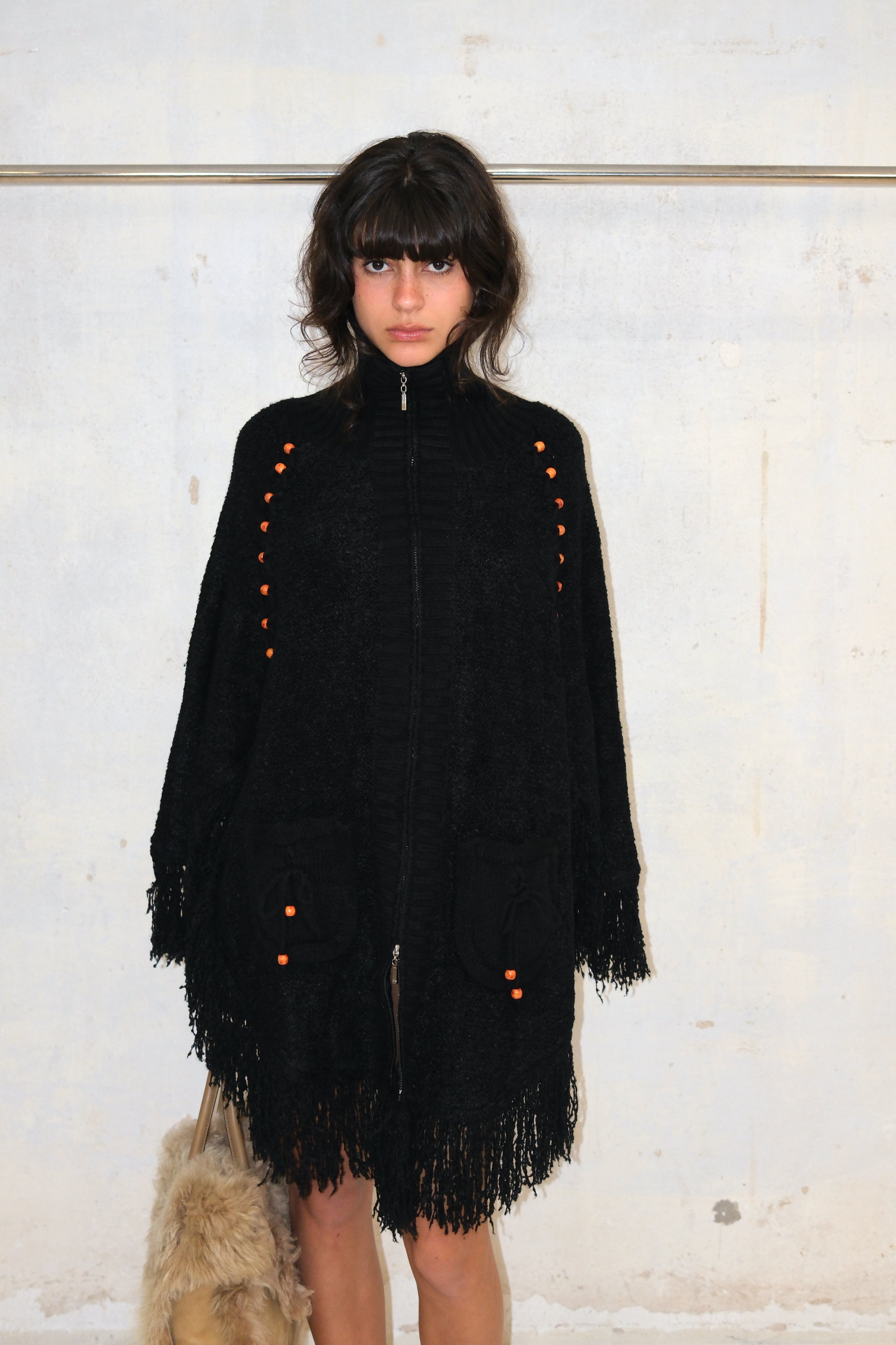 COZY BEADED ZIP-UP FRINGE KNIT PULLOVER