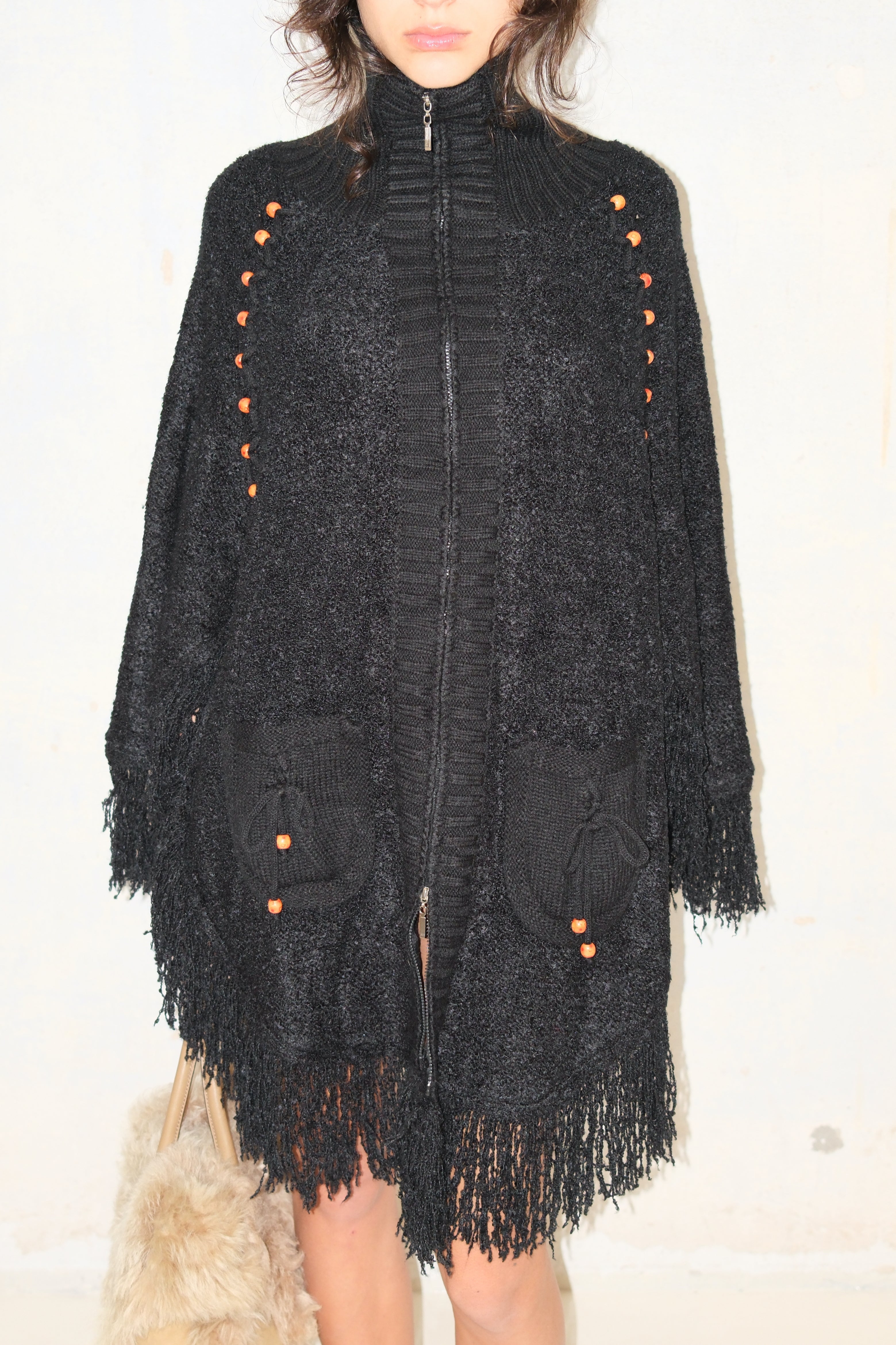 COZY BEADED ZIP-UP FRINGE KNIT PULLOVER