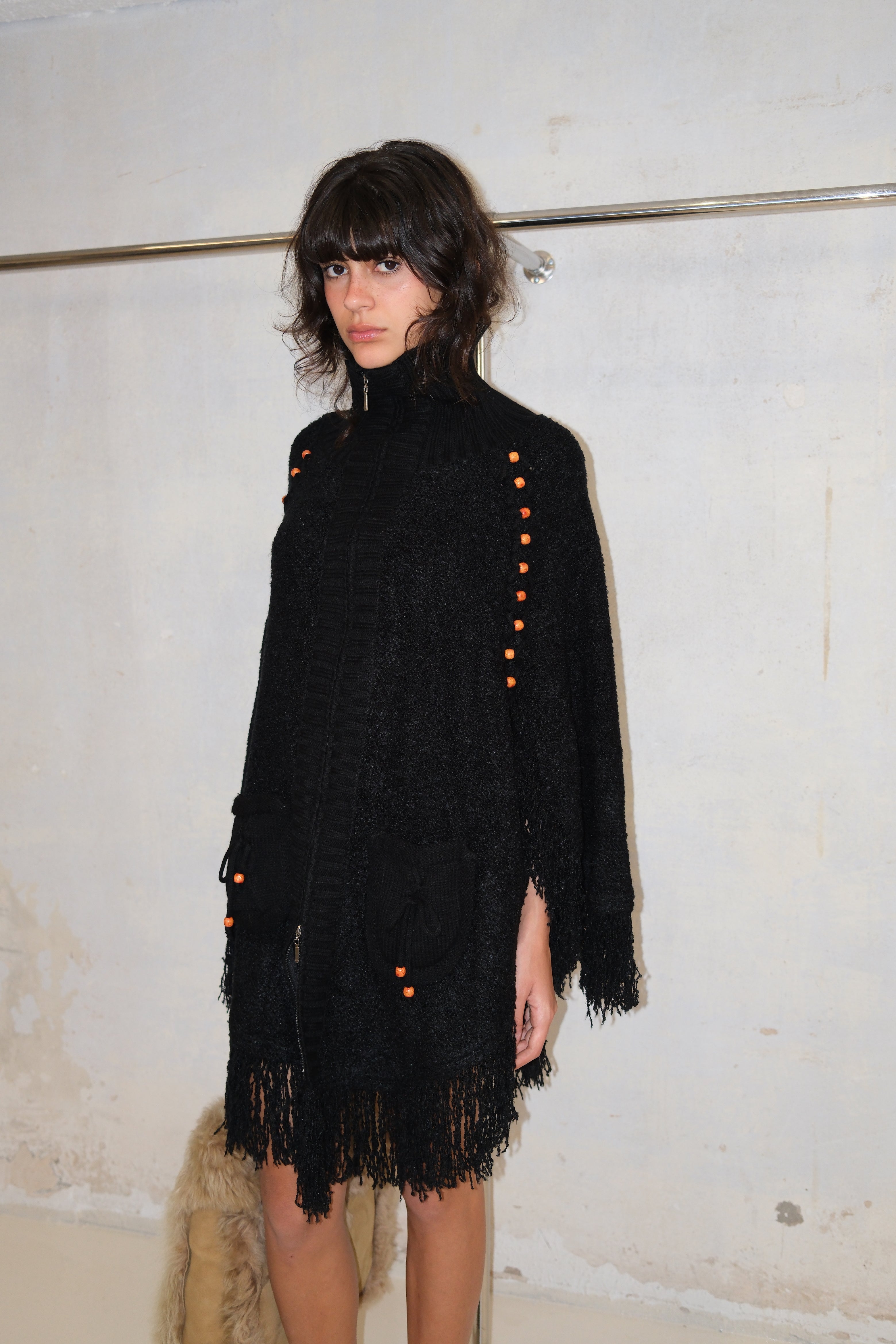 COZY BEADED ZIP-UP FRINGE KNIT PULLOVER