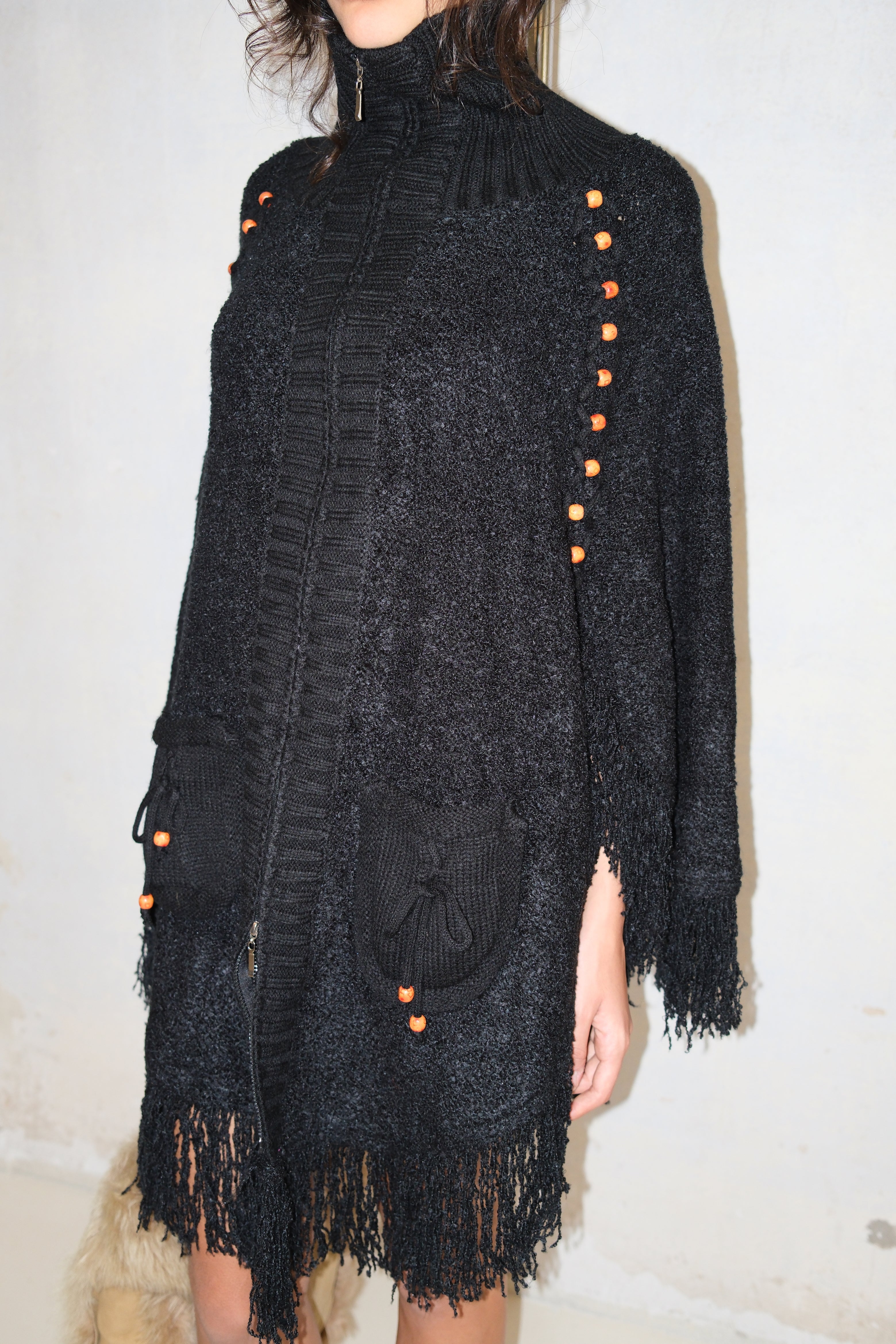 COZY BEADED ZIP-UP FRINGE KNIT PULLOVER