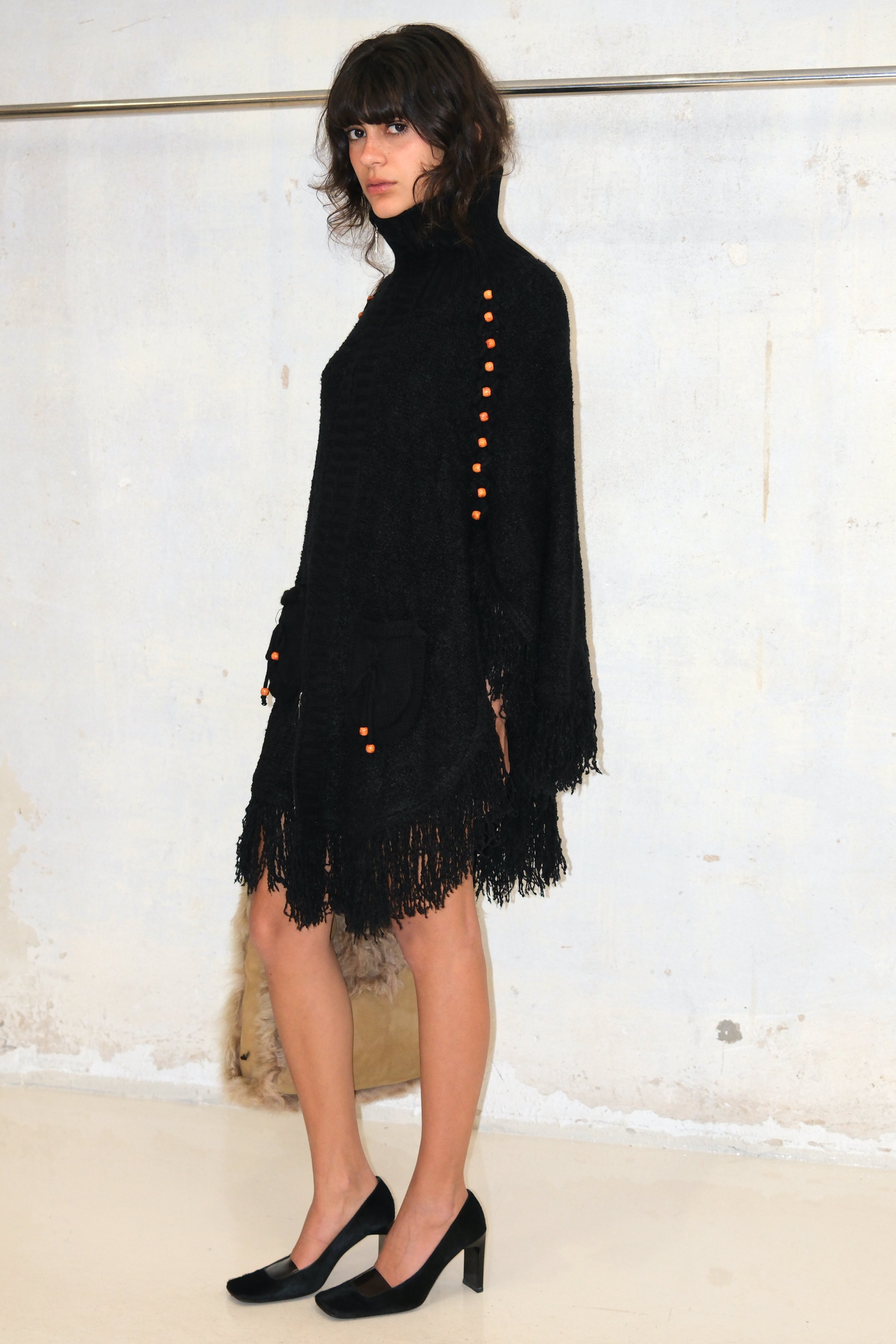 COZY BEADED ZIP-UP FRINGE KNIT PULLOVER