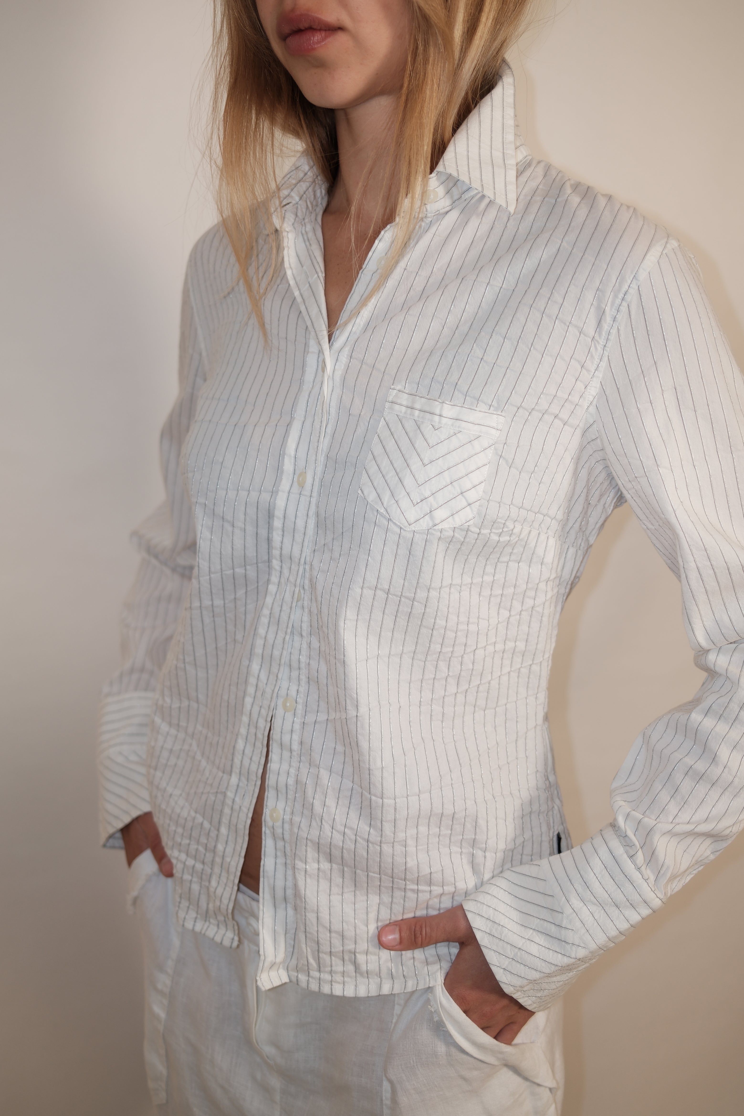Trussardi White Button-Down Long Sleeve Shirt with Silver Stripes