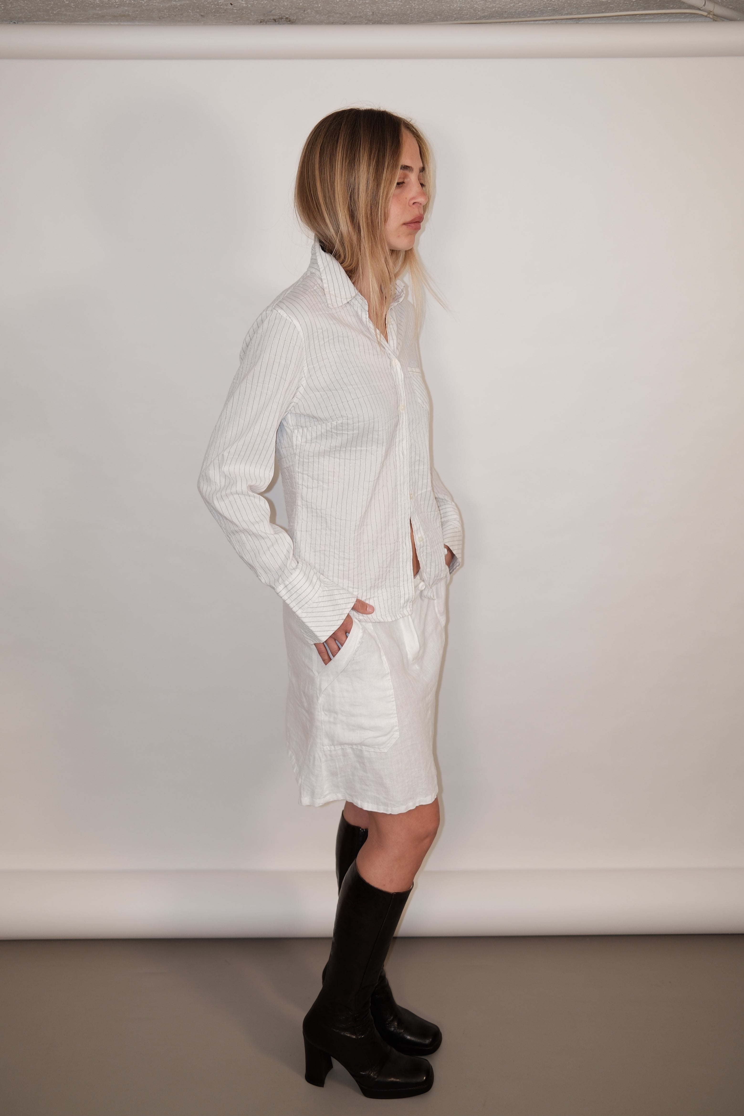 Trussardi White Button-Down Long Sleeve Shirt with Silver Stripes