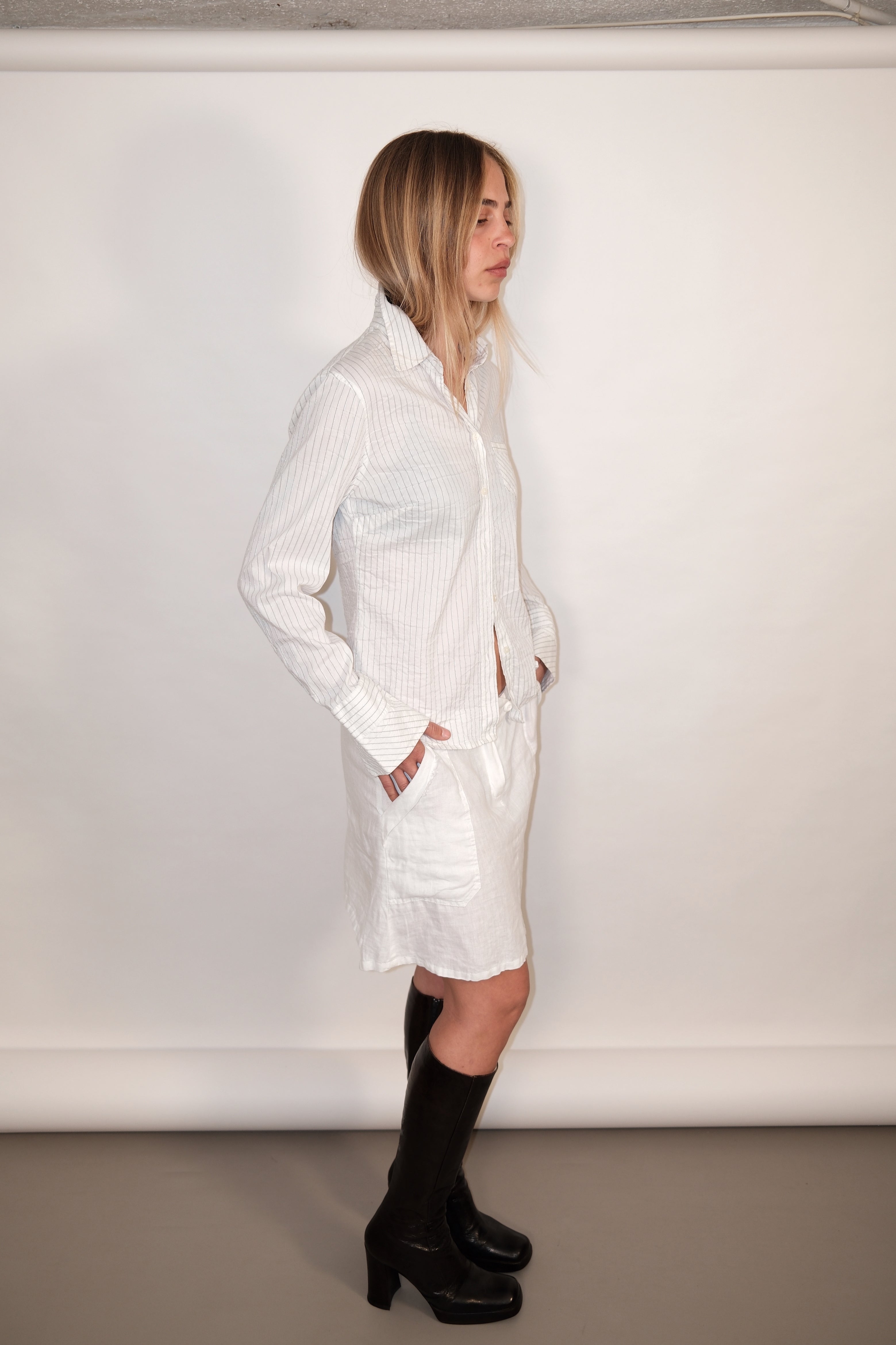 White Linen Mini Skirt with Pockets