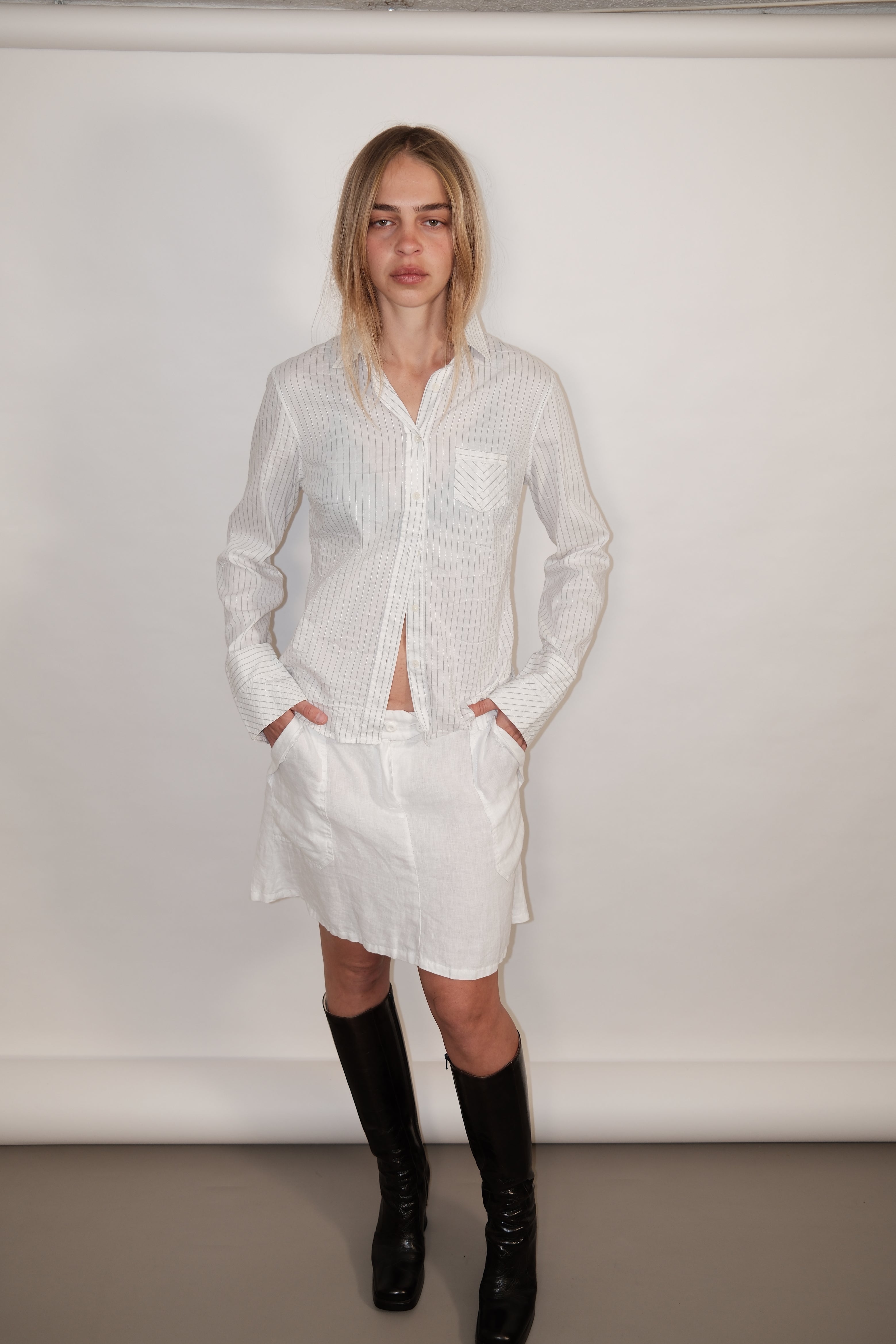 Trussardi White Button-Down Long Sleeve Shirt with Silver Stripes