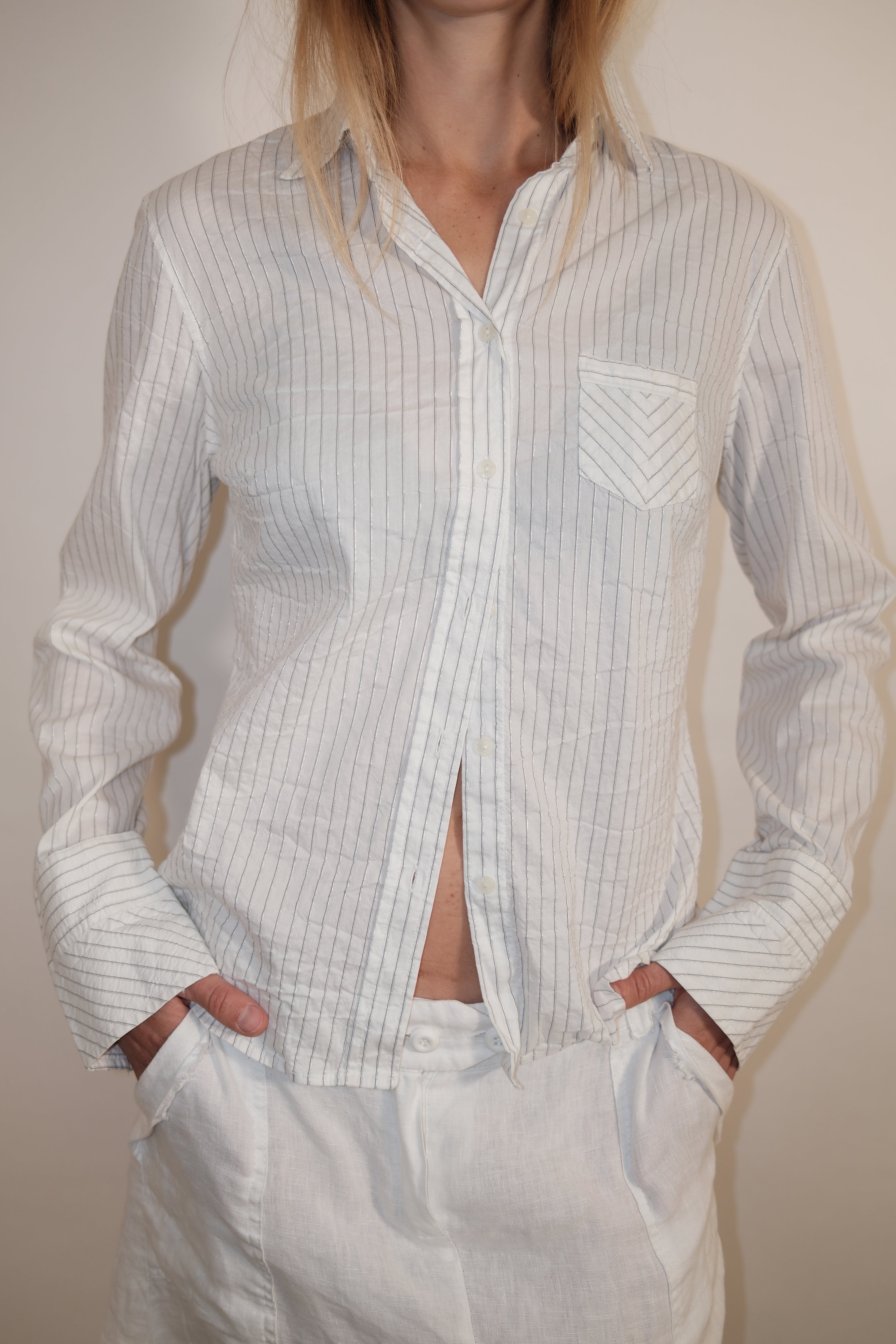 Trussardi White Button-Down Long Sleeve Shirt with Silver Stripes