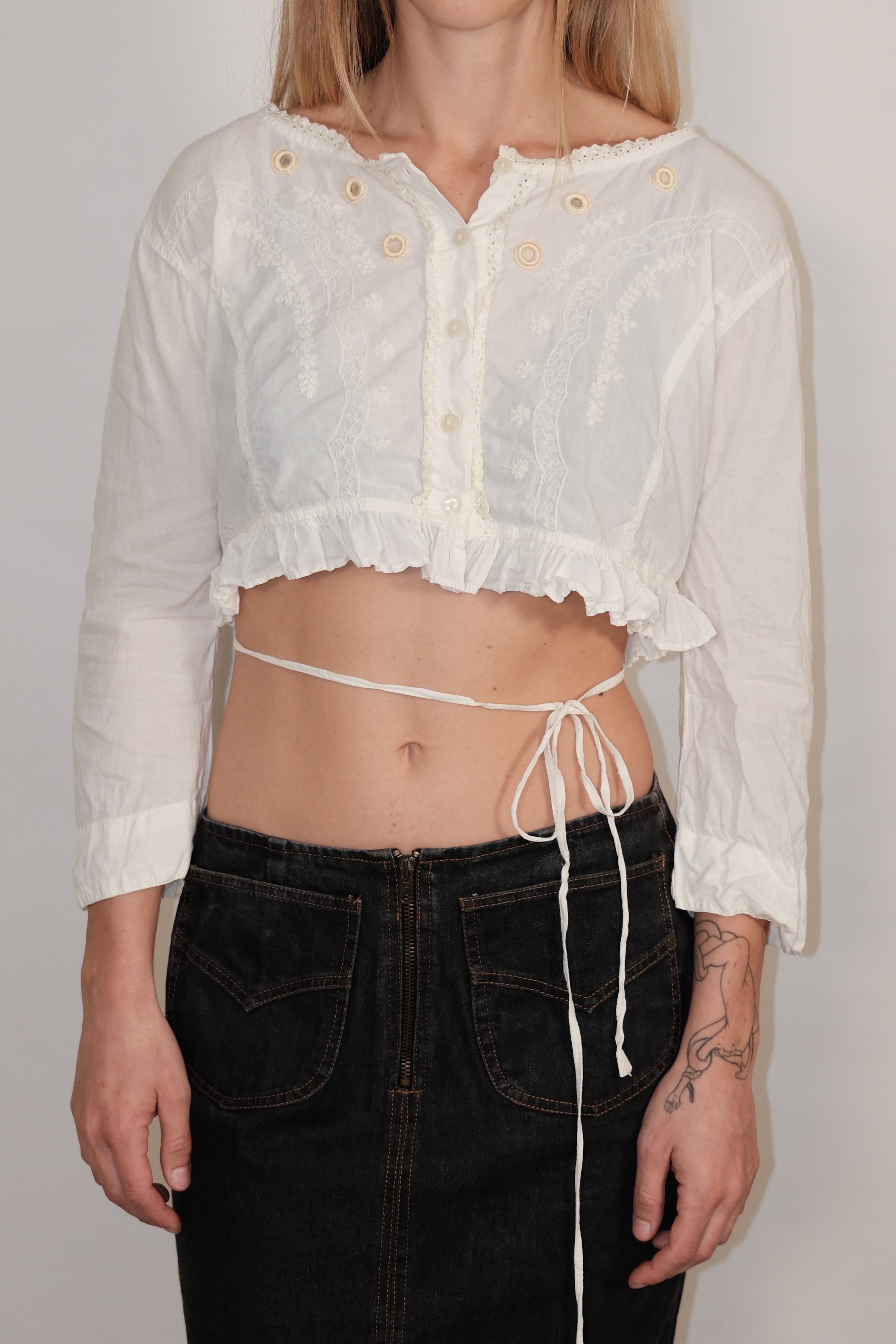White Detailed Crop Button-Down Blouse with Back Lace
