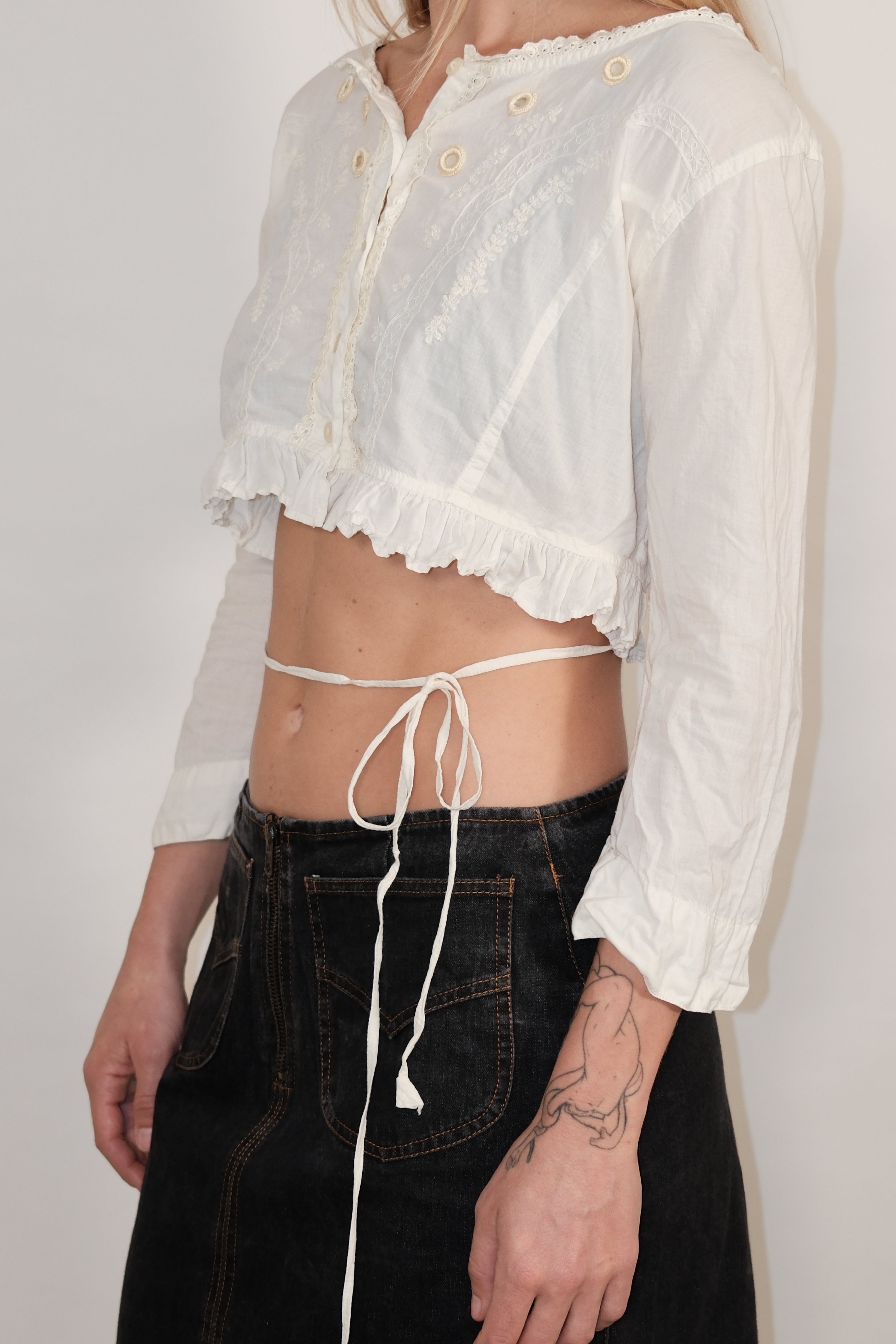 White Detailed Crop Button-Down Blouse with Back Lace